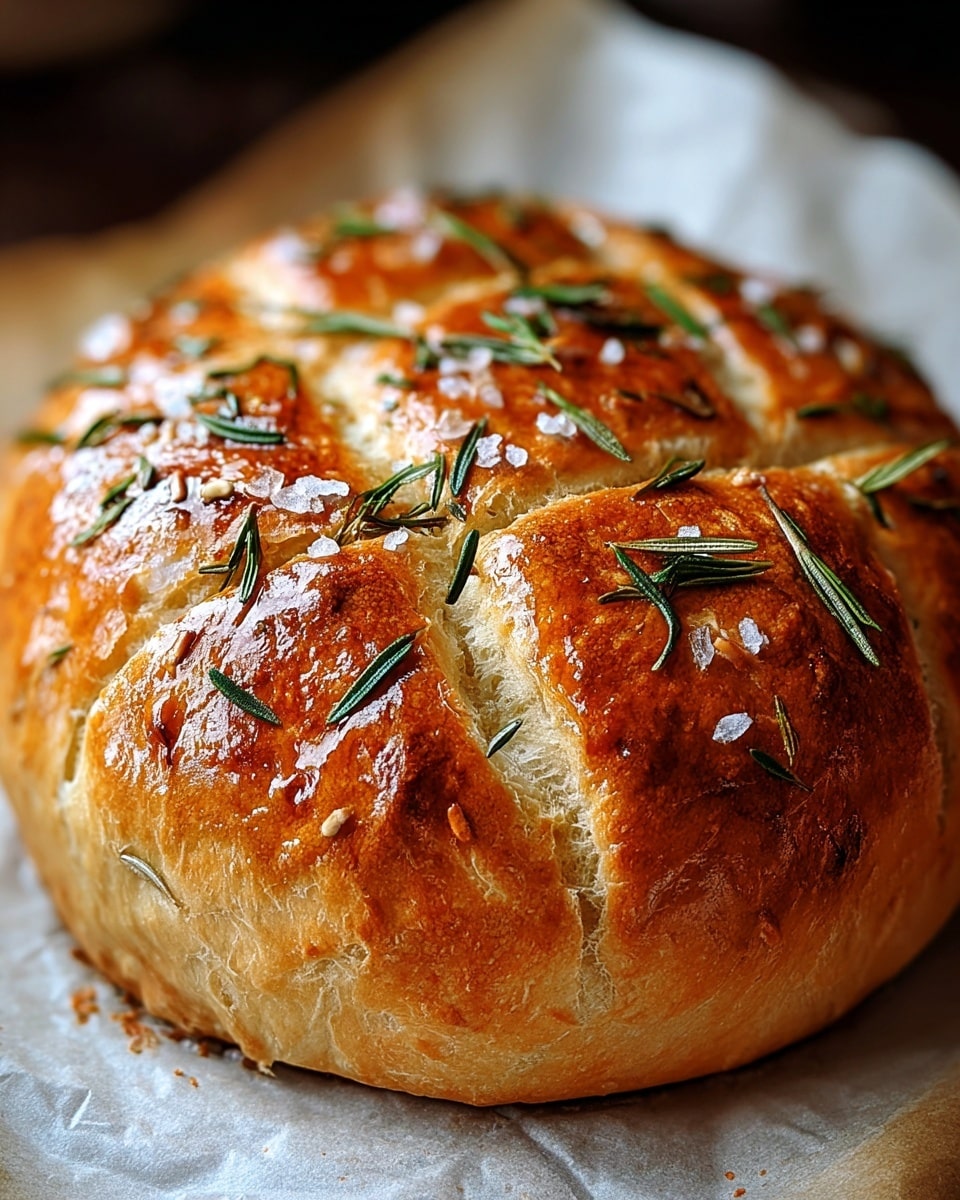 A round, golden-brown bread loaf with a shiny crust sits on a white marbled texture covered with parchment paper. The loaf has a soft and slightly puffy texture with deep cuts forming sections on the top. Scattered on the crust are fresh green rosemary leaves and coarse salt crystals, adding color and texture contrast. The bread's surface shows a mix of darker toasted spots and lighter fluffy areas, giving it a fresh baked look. Photo taken with an iphone --ar 4:5 --v 7