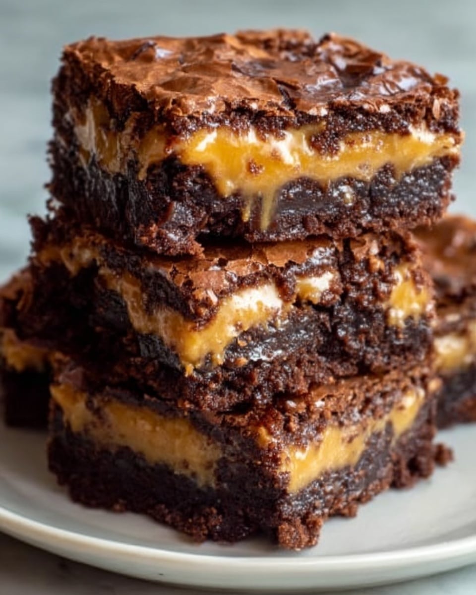 The image shows three stacked rich brownies on a white plate placed on a white marbled surface. Each brownie has three visible layers: the top layer is a shiny, cracked dark chocolate crust with a slightly rough texture, the middle layer is a smooth, creamy caramel with a golden-yellow color, and the bottom layer is dense, dark brown, fudgy chocolate. The edges are slightly crumbly, and the brownies have a thick and moist look. The lighting highlights the gooey caramel with a soft shine. Photo taken with an iphone --ar 4:5 --v 7