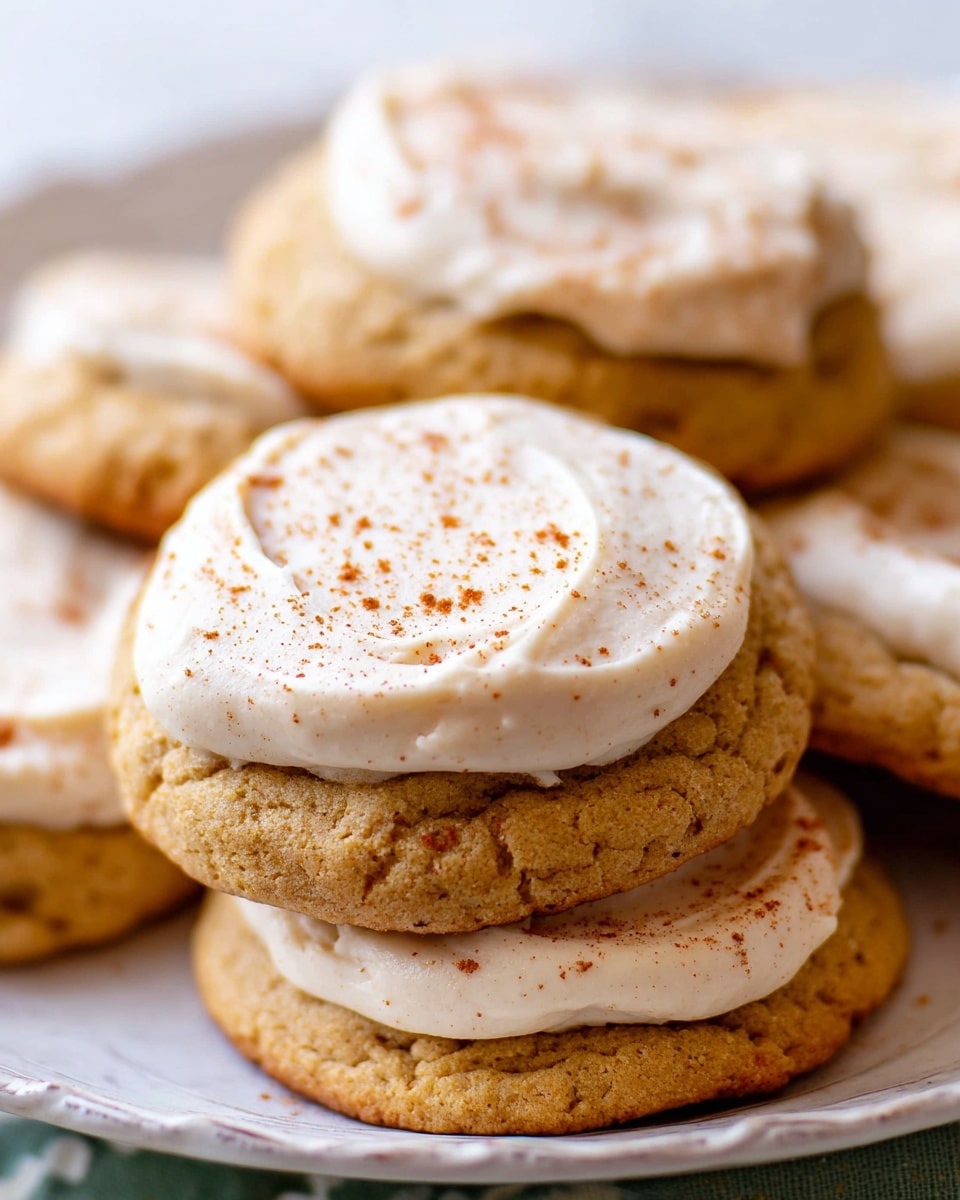 A close-up view of a stack of soft, thick cookies with a golden-brown color and slightly rough texture, each topped with a smooth layer of creamy white frosting evenly spread across the top. The frosting is dusted lightly with a reddish-brown spice, adding small specks of color contrast. The cookies are arranged on a white plate sitting on a white marbled surface, with the focus on the front cookie showing the detailed texture of both the cookie and the creamy topping. photo taken with an iphone --ar 4:5 --v 7