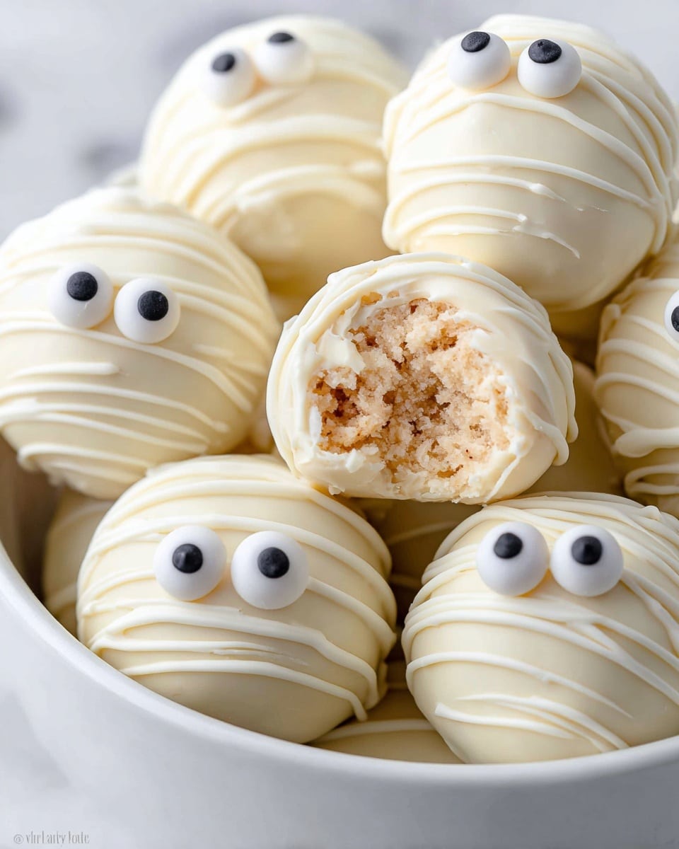 A close-up of round truffles covered with smooth white chocolate and decorated with thin, uneven white chocolate drizzles all over. Each truffle has two small white candy eyes with black centers placed on top, giving them a cute, spooky look. One truffle is bitten to show a crumbly, light brown inside. The truffles are placed together inside a white bowl on a white marbled surface. Photo taken with an iphone --ar 4:5 --v 7