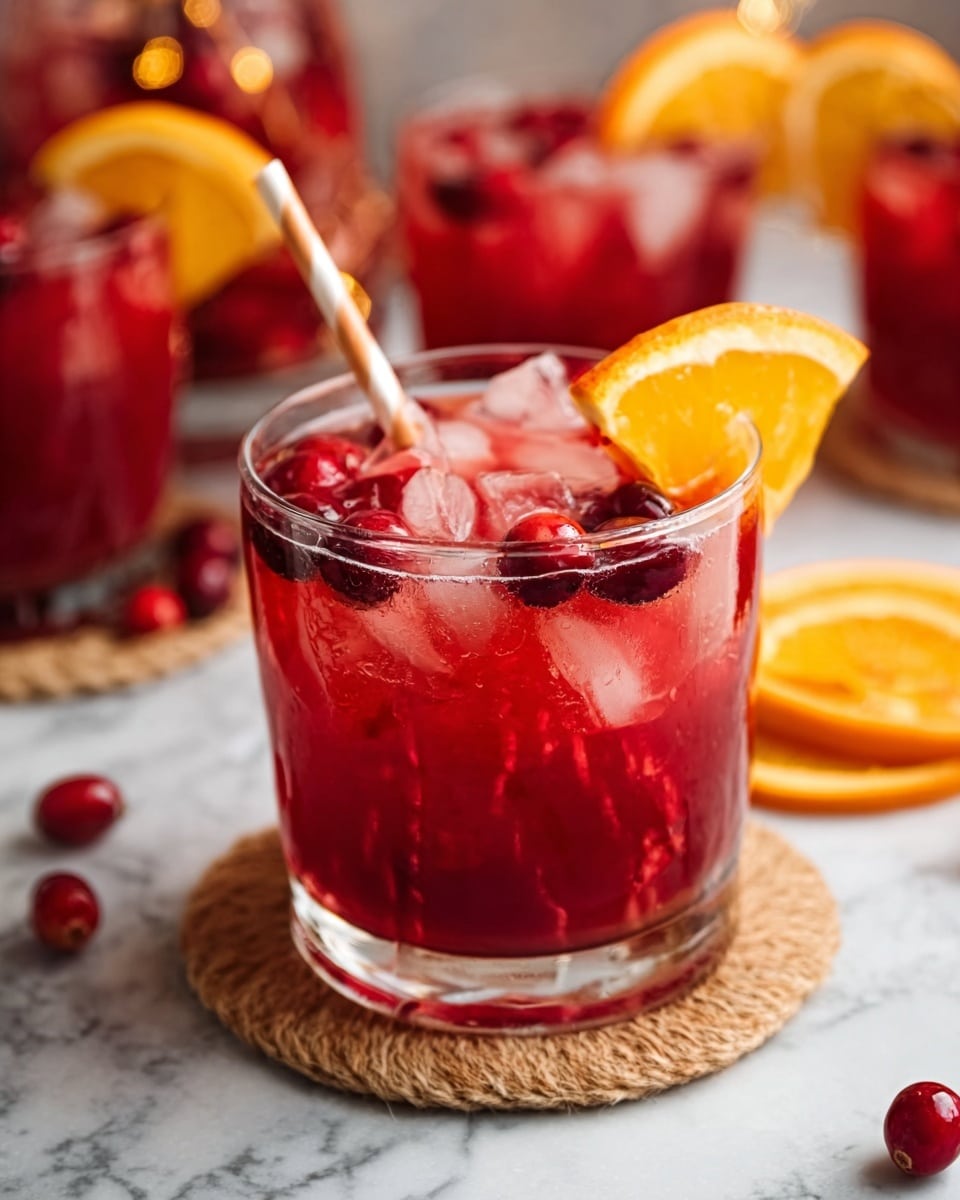 A clear glass holds a red drink filled with small ice cubes and red berries floating inside. On top, there is a slice of orange placed near the rim and a striped straw sticking out. The glass sits on a round coaster made of natural material on a white marbled surface. More similar glasses and orange slices are visible blurred in the background. photo taken with an iphone --ar 4:5 --v 7
