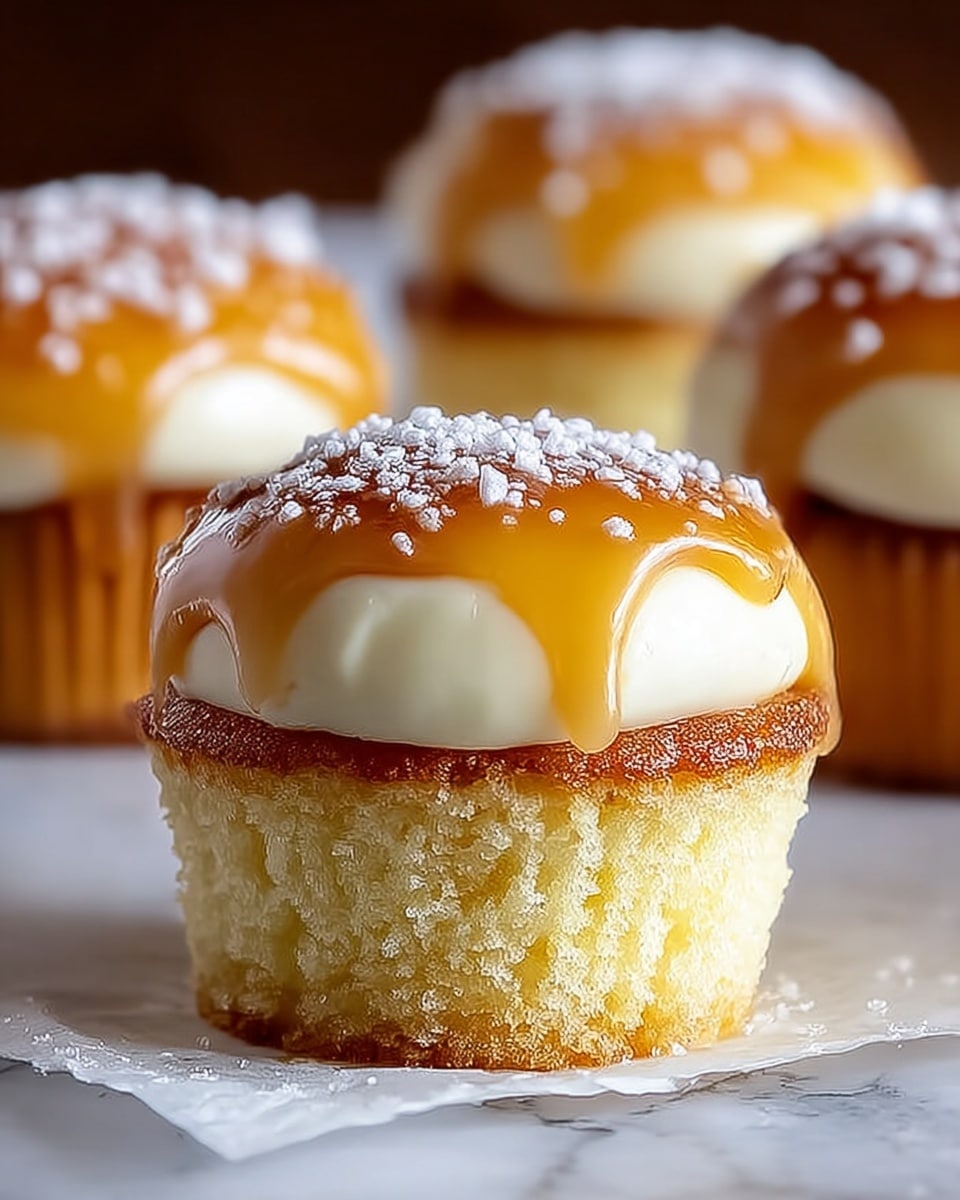 A close-up view of a cupcake with three distinct layers is shown, placed on white parchment over a white marbled texture. The bottom layer is a golden, soft, moist cake with a slightly crumbly texture. Above it is a thick, smooth white cream layer with a shiny texture. The top layer is a glossy, amber caramel glaze that drips slightly down the sides. The caramel is sprinkled with powdered sugar, giving a delicate snowy effect on top. In the background, three more cupcakes stand slightly out of focus. photo taken with an iphone --ar 4:5 --v 7