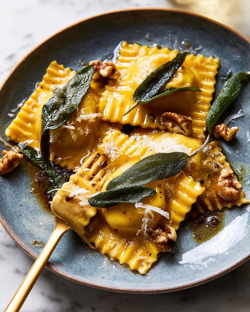 The image shows a close-up of three square-shaped ravioli pieces with ridged edges, cooked to a golden-yellow color. They are placed on a white plate with a dark oil sauce coating the surface. On top of the ravioli are crispy sage leaves that are deep green with a slightly wrinkled texture. Scattered around are small brown walnut halves and thin white shavings of cheese. A golden fork picks up one ravioli showing its soft, pasta texture and filling inside. The background is a white marbled texture. photo taken with an iphone --ar 4:5 --v 7