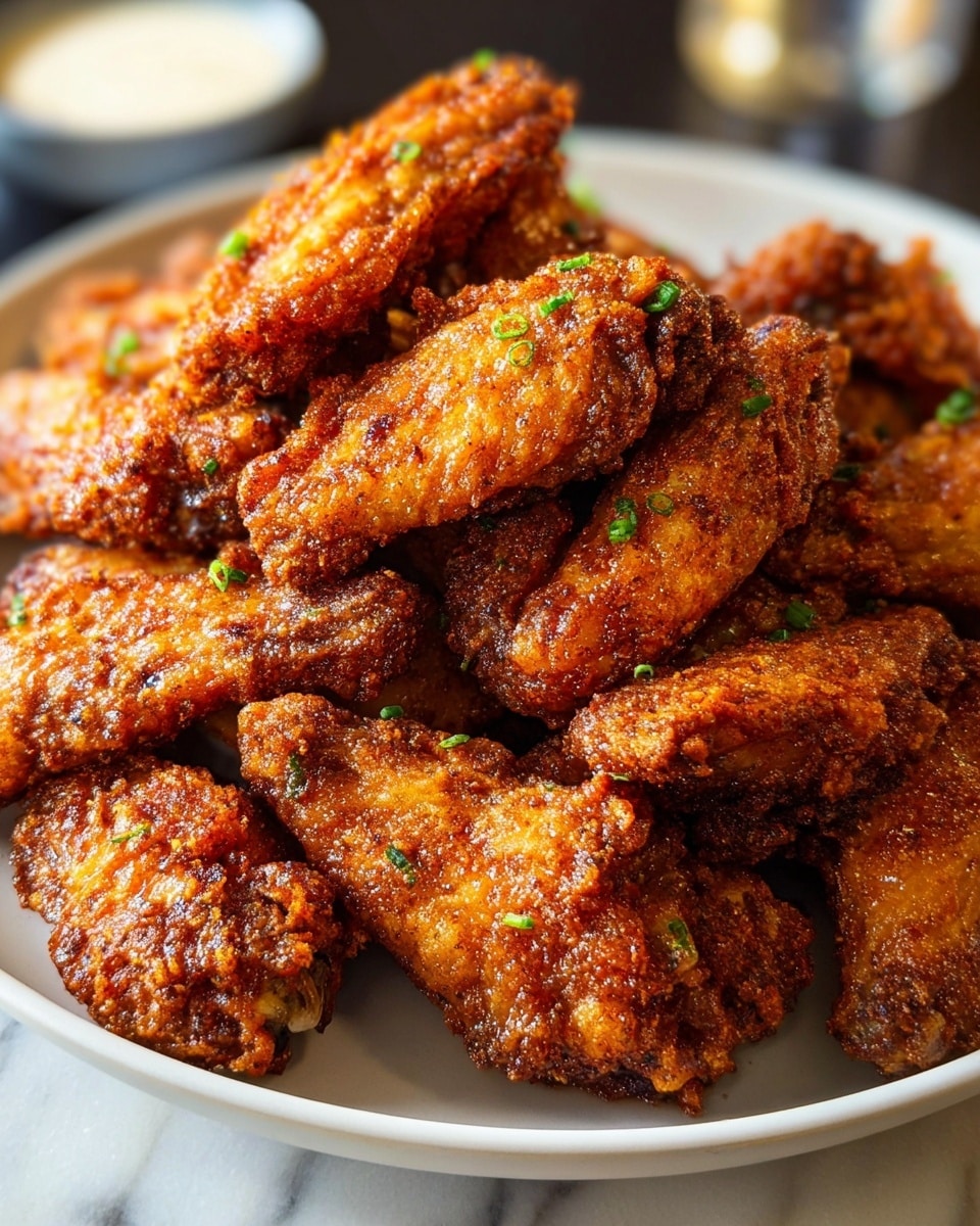 A white round plate is piled high with crispy fried chicken wings, around twelve pieces stacked closely together. The wings have a deep golden brown color with a crunchy texture, sprinkled lightly with small green chive bits and a dusting of reddish seasoning powder that highlights the crispy skin. In the background, there is a small white bowl with a creamy dipping sauce seen out of focus, all set on a white marbled surface. The lighting softly highlights the wings' crispy texture and rich color. photo taken with an iphone --ar 4:5 --v 7
