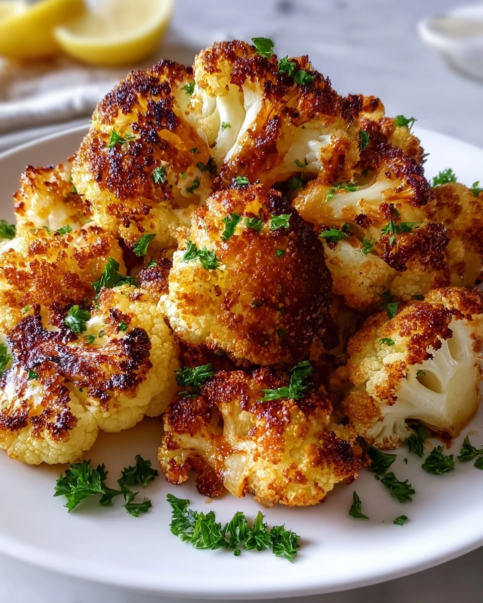 The image shows a white plate filled with several pieces of golden-brown roasted cauliflower. Each cauliflower floret has a crispy, dark brown, and slightly charred outer layer, with the inner parts a light yellow and white. The florets are topped with small green parsley leaves, adding a fresh contrast. In the background, a small slice of yellow lemon peeks from the side. The plate rests on a white marbled surface, and the lighting highlights the texture and color of the roasted cauliflower. photo taken with an iphone --ar 4:5 --v 7