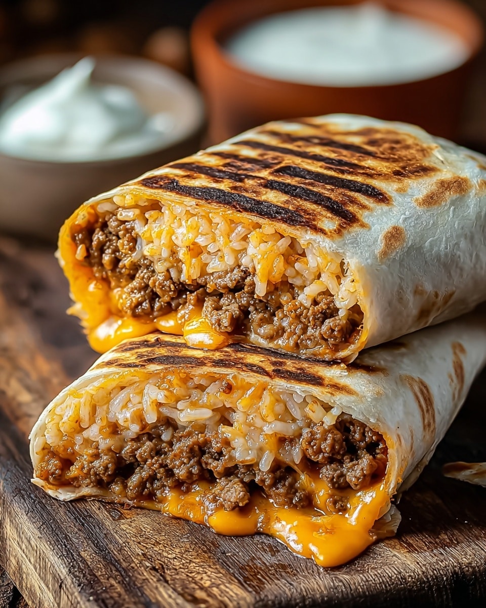 The image shows a close-up of a grilled burrito cut in half, stacked with one half resting on top of the other. The burrito has a lightly browned, crispy tortilla with grill marks on top. Inside, three visible layers are packed tightly: the bottom layer is melted orange cheese oozing out, the middle layer is cooked ground beef with a coarse texture, and the top layer is white rice mixed softly with the cheese and beef. The burrito sits on a rustic wooden surface, with a small blurred white bowl of sour cream and another dish in the background. photo taken with an iphone --ar 4:5 --v 7
