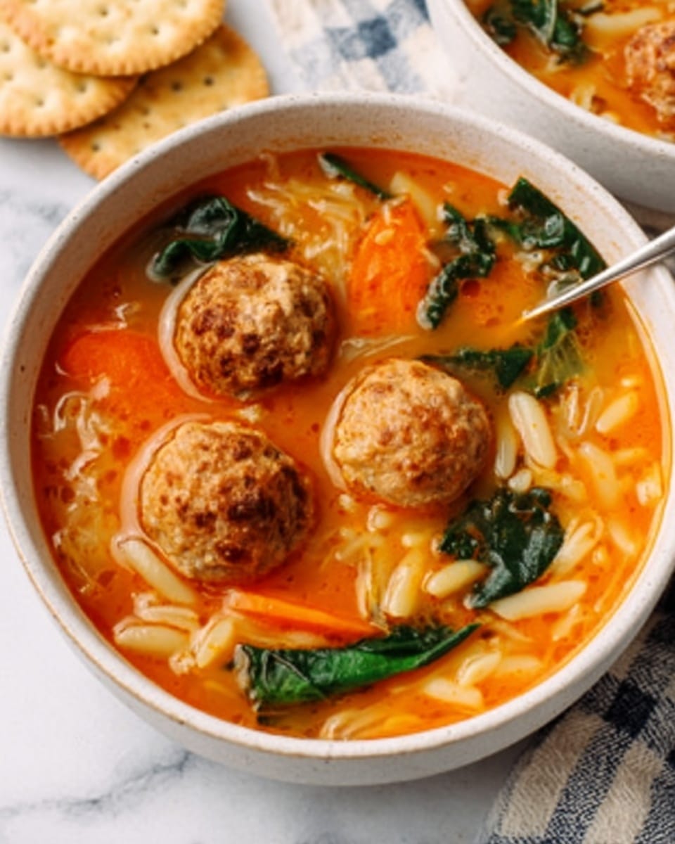 The image shows a white bowl filled with a bright orange broth soup containing three meatballs floating near the top. Inside the soup, there are visible small white pasta pieces, wilted green spinach leaves, and a few thin carrot slices spread around. The texture of the broth looks smooth and slightly thick, giving a warm and homemade feel. The bowl sits on a white marbled surface with some round crackers and a checkered cloth visible in the background. photo taken with an iphone --ar 4:5 --v 7