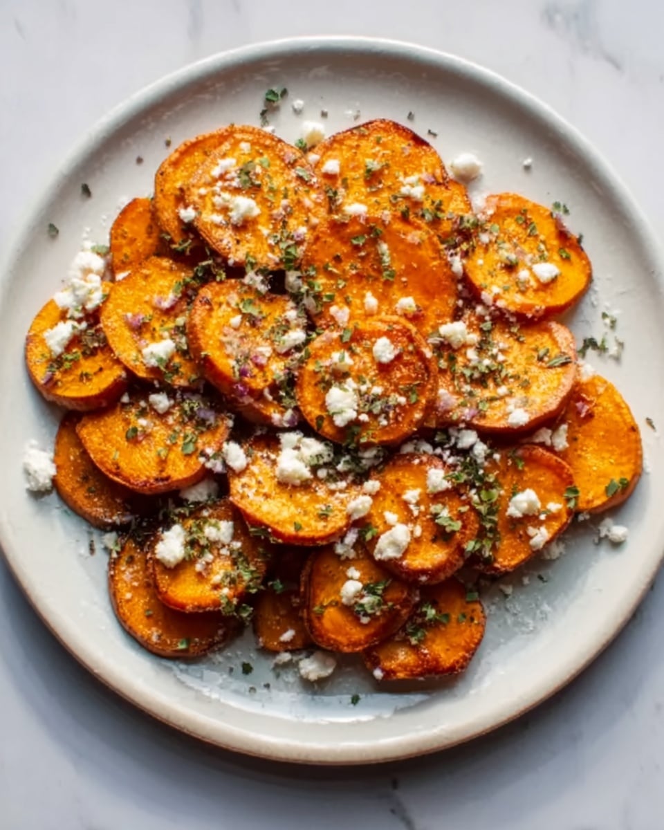 A white plate with about two layers of roasted sweet potato rounds, each slice orange with a slightly crisp, browned edge. The sweet potato slices are topped with small white crumbles of cheese and tiny green herb pieces, sprinkled evenly over the entire dish. The plate sits on a white marbled surface, giving a clean and bright look to the photo taken with an iphone --ar 4:5 --v 7
