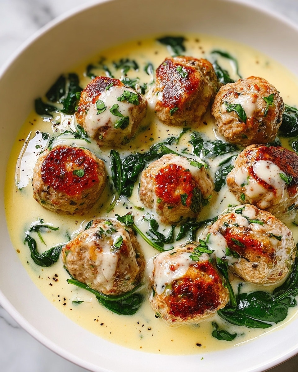 A white shallow bowl filled with about nine browned meatballs, each topped with a light creamy sauce that has a slightly glossy texture. The meatballs are mixed with fresh green spinach leaves submerged in a rich white sauce with visible black pepper specks. The meatballs have a golden-brown crust on top and a moist inside, partially covered by the smooth sauce. The dish sits on a white marbled surface. Photo taken with an iphone --ar 4:5 --v 7