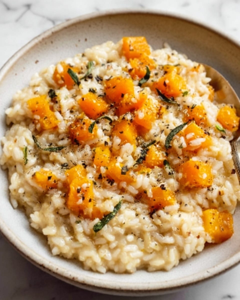 A white bowl filled with creamy risotto topped with small orange cube-shaped pieces of butternut squash, sprinkled with bits of herbs and black pepper, showing a soft and smooth texture with a slight glossy finish. The risotto base is light beige with visible grains of rice, and the butternut squash pieces add a pop of warm orange color spread evenly on top. The bowl is set on a white marbled surface. Photo taken with an iphone --ar 4:5 --v 7