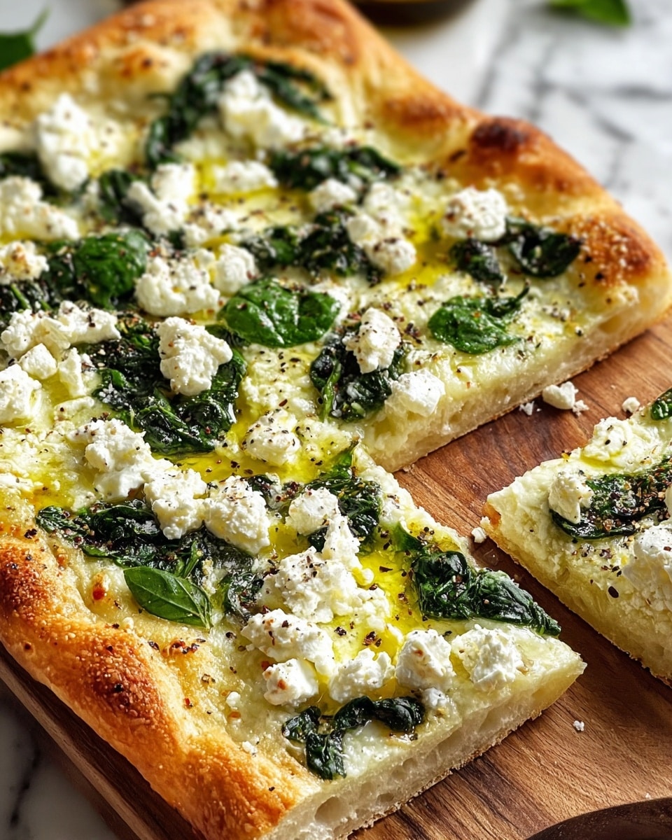 A square pizza with one slice cut out rests on a wooden board placed over a white marbled surface. The thick, puffy crust is golden brown and slightly blistered at the edges. The first layer is melted cheese with a creamy texture spread evenly across the base. On top, wilted dark green spinach leaves are arranged loosely. White, crumbly cheese chunks are scattered generously all over the pizza, with small droplets of golden olive oil pooling around. Some black pepper is sprinkled finely across the cheese, adding specks of contrast. The photo is close-up and focuses on the front part of the pizza. photo taken with an iphone --ar 4:5 --v 7