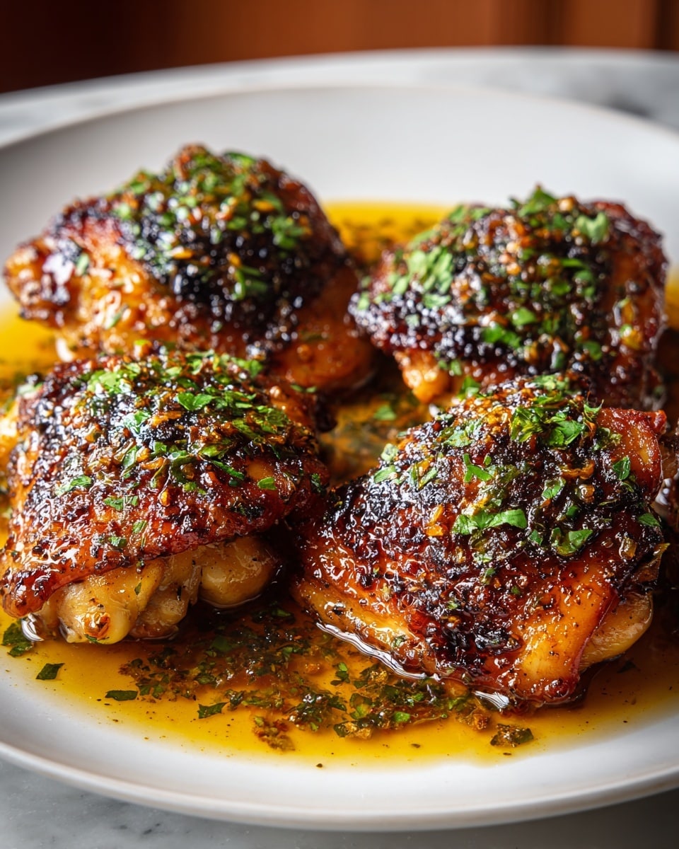 The image shows five pieces of golden-browned roasted chicken thighs with crispy, darkened skin on top, each topped with a sprinkle of fresh green herbs. The chicken pieces sit in a pool of shiny, amber-colored sauce that has small bits of herbs mixed in. The dish is served on a wide, white plate placed on a white marbled surface. The close-up shot captures the juicy texture and the seasoning on the chicken, highlighting the crispiness and moisture of the meat. Photo taken with an iphone --ar 4:5 --v 7