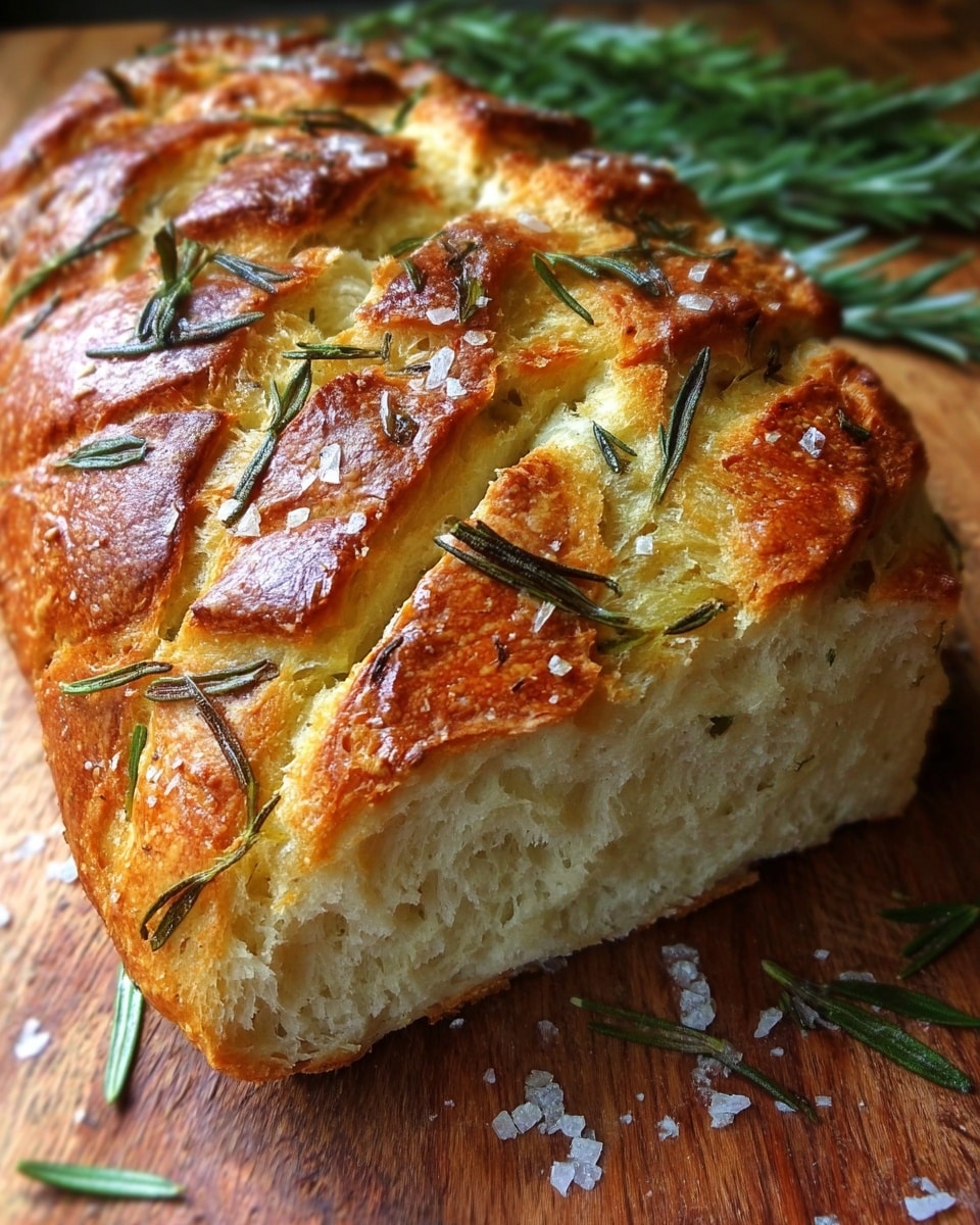 A loaf of golden-brown bread with a slightly crispy crust and soft, airy inside is shown. The top of the bread has deep cuts creating several crunchy sections and it is sprinkled with fresh green rosemary leaves and coarse white sea salt. The bread is placed directly on a wooden surface with some loose rosemary in the background. photo taken with an iphone --ar 4:5 --v 7