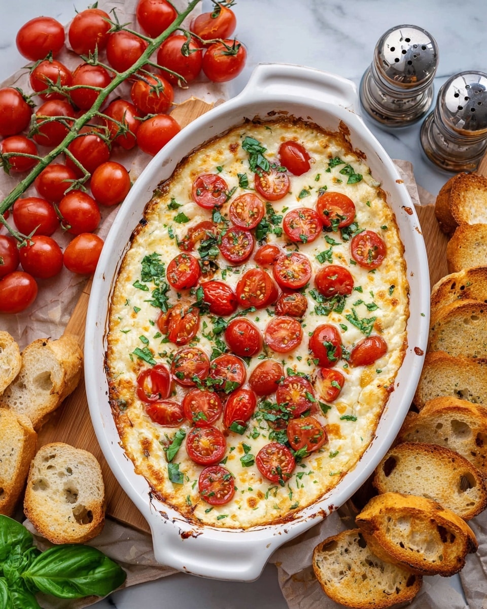 A white oval baking dish is filled with a creamy cooked dip topped with a layer of melted white cheese, evenly scattered with bright red halved cherry tomatoes and finely chopped fresh green herbs. The edges of the dip are slightly browned from baking. The dish is placed on a white marbled surface, surrounded by a bunch of whole cherry tomatoes on the vine, fresh green basil leaves, and a pile of golden brown toasted baguette slices arranged on a white cutting board. Two silver shakers and a single toasted baguette slice sit near the dish. Photo taken with an iphone --ar 4:5 --v 7