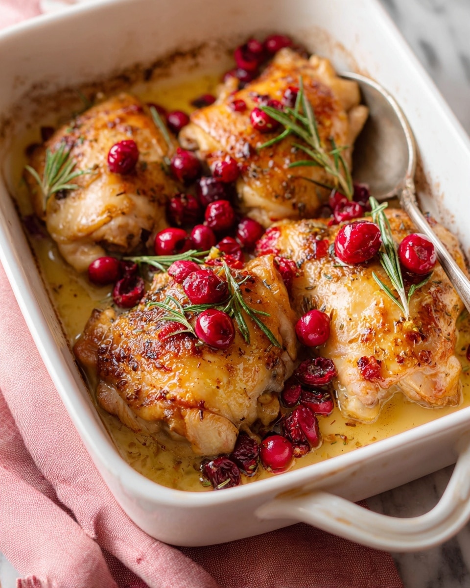 The image shows four pieces of baked chicken thighs with golden brown, crispy skin, placed in a white casserole dish. Each chicken piece is topped with small bright red cooked cranberries and fresh green rosemary sprigs, adding texture contrast. The dish has a light sauce underneath with a shiny, slightly oily surface. A silver spoon rests on the right side inside the casserole dish, partially under one chicken piece. The casserole dish sits on a soft pink cloth on a white marbled surface. photo taken with an iphone --ar 4:5 --v 7