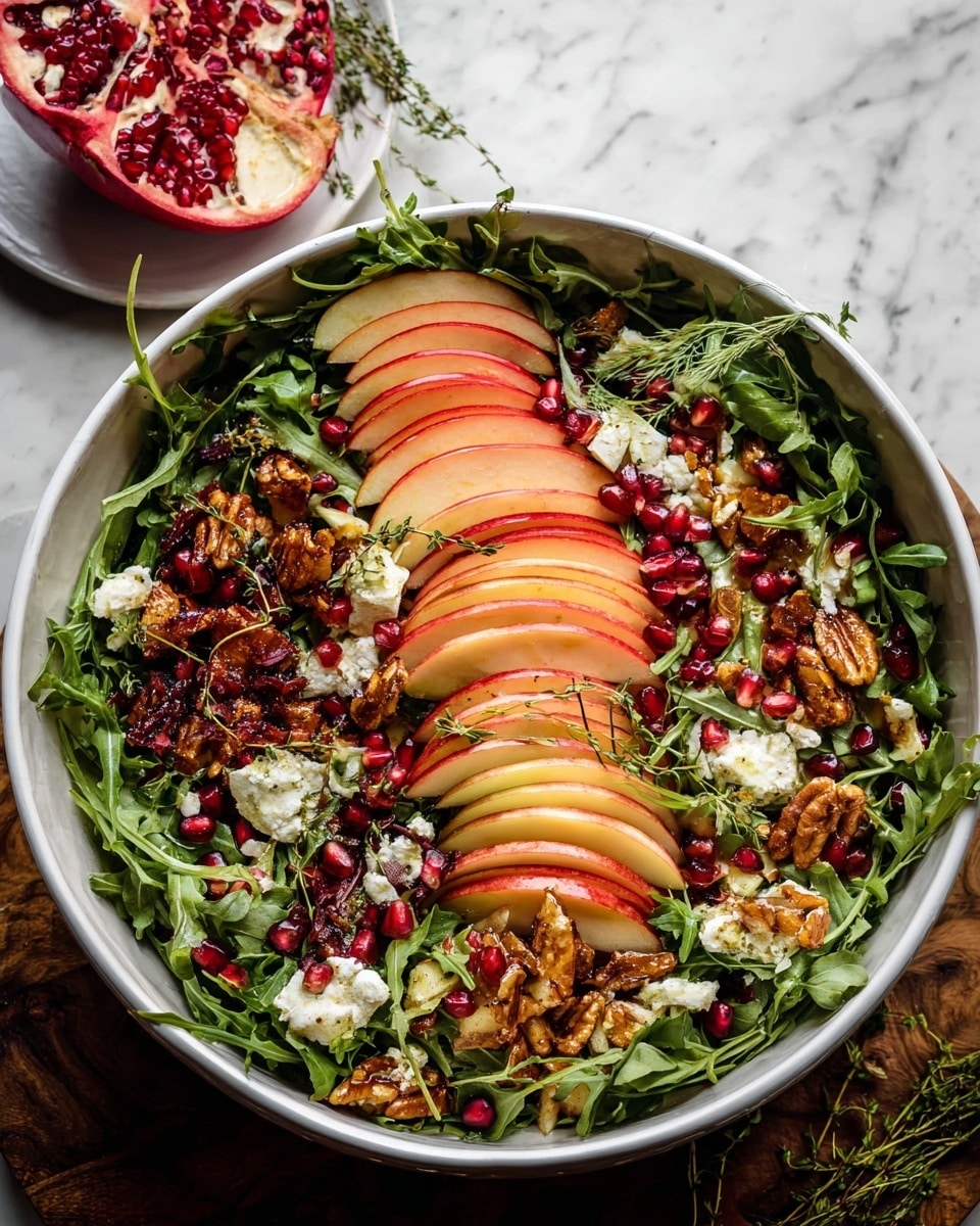 A large white bowl filled with a layered salad resting on a white marbled surface. The base layer is dark green arugula leaves spread evenly. On top are several groups of thinly sliced red and yellow apples arranged in a fan shape. Scattered throughout are bright red pomegranate seeds and small chunks of white cheese crumbles. There are pieces of roasted nuts and seeds with a caramelized brown texture sprinkled evenly. Some dried fruit slices add a darker brown touch. The salad looks fresh and colorful with a mix of green, red, brown, and white, with a few sprigs of herbs for garnish. A half pomegranate placed on a white plate is visible near the top left. Photo taken with an iphone --ar 4:5 --v 7