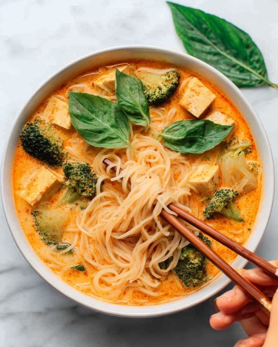 A white bowl filled with a creamy orange broth containing light beige noodles, pieces of tofu, small dark green broccoli florets, and large bright green basil leaves floating on top, with a woman's hand holding wooden chopsticks lifting a clump of noodles from the bowl, all set on a white marbled surface. photo taken with an iphone --ar 4:5 --v 7