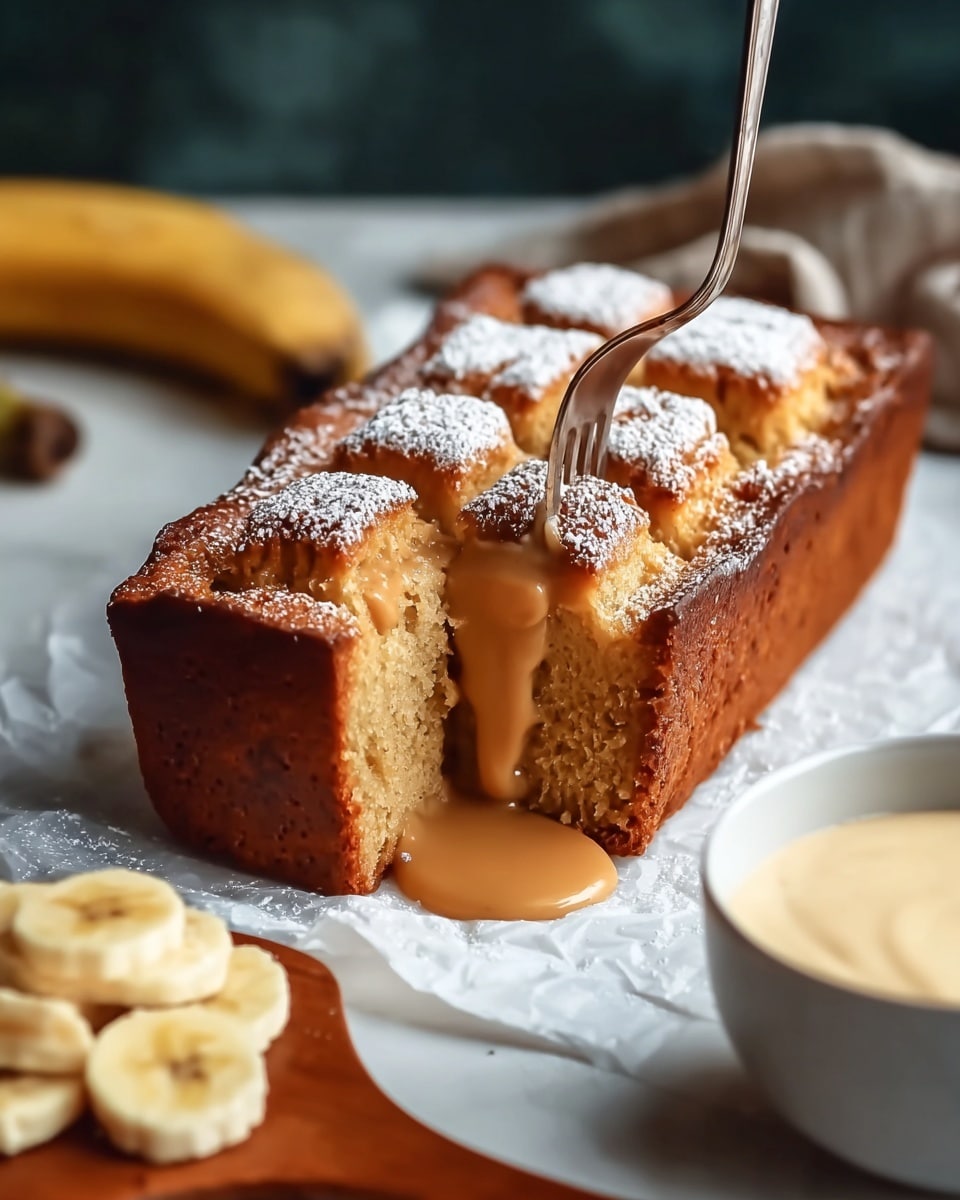 The image shows a rectangular loaf cake with a thick, dark golden-brown crust. The cake is cut into a grid pattern on top, revealing soft, light golden, fluffy pieces dusted lightly with powdered sugar. In the center of the cut part, there is a pool of smooth caramel or sauce in a light brown color. A fork is touching the top right piece, slightly lifting it. In the foreground, there are sliced banana pieces on a wooden board, and to the right, there is a white bowl with a creamy sauce inside. The whole scene is set on a white marbled surface with a dark blurred background. photo taken with an iphone --ar 4:5 --v 7