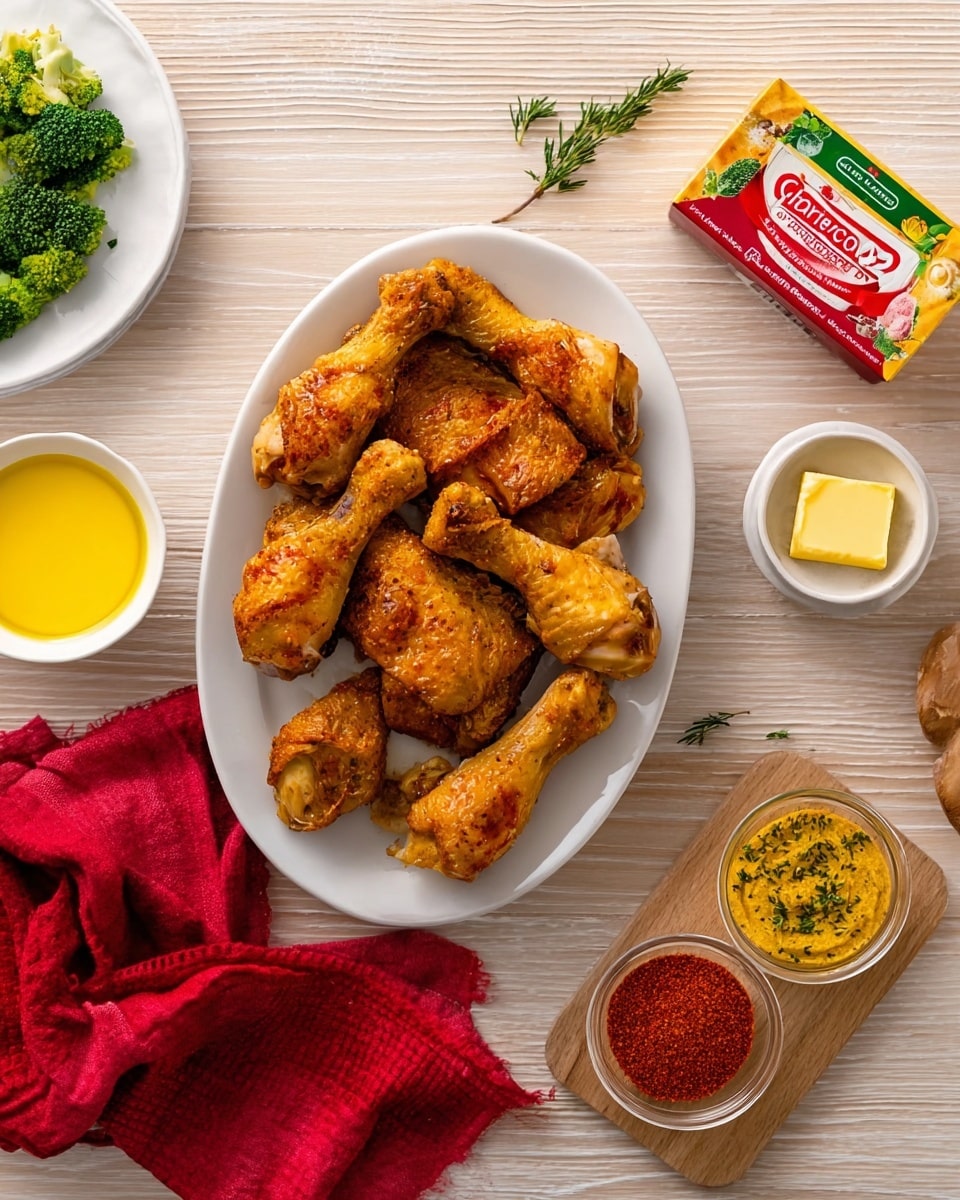 The image shows a white oval plate filled with golden brown, cooked chicken pieces including drumsticks, wings, and thighs arranged closely together. To the left of the plate is a small white bowl with melted yellow butter and a pack of salted butter behind it. On the right side, a wooden board holds two small clear glass bowls—one with bright red paprika powder and the other with yellow mustard topped with green fresh herbs. Some broccoli is partly visible on a white plate in the top left corner and a red cloth napkin is folded next to the butter bowl. The scene is set on a light wooden surface with all elements neatly arranged. Photo taken with an iphone --ar 4:5 --v 7