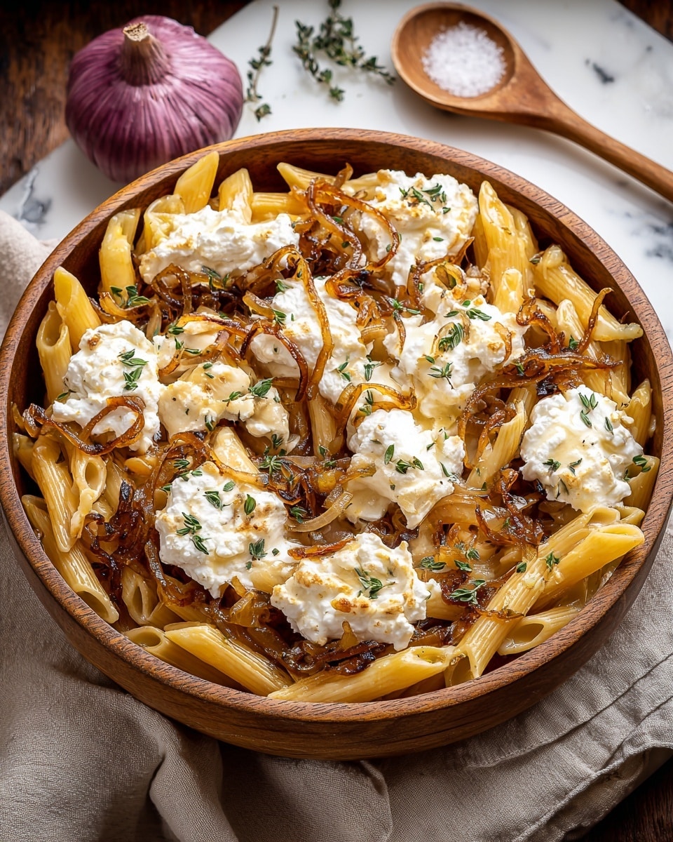 A round wooden bowl filled with layers of light yellow penne pasta at the bottom, topped with golden brown caramelized onions scattered evenly, and dollops of white toasted ricotta cheese spread across the dish. Small green herb sprigs are sprinkled on top, adding fresh color contrast. The bowl sits on a light beige cloth napkin with a whole purple garlic bulb and a wooden spoon holding coarse salt nearby, all set on a white marbled surface. photo taken with an iphone --ar 4:5 --v 7