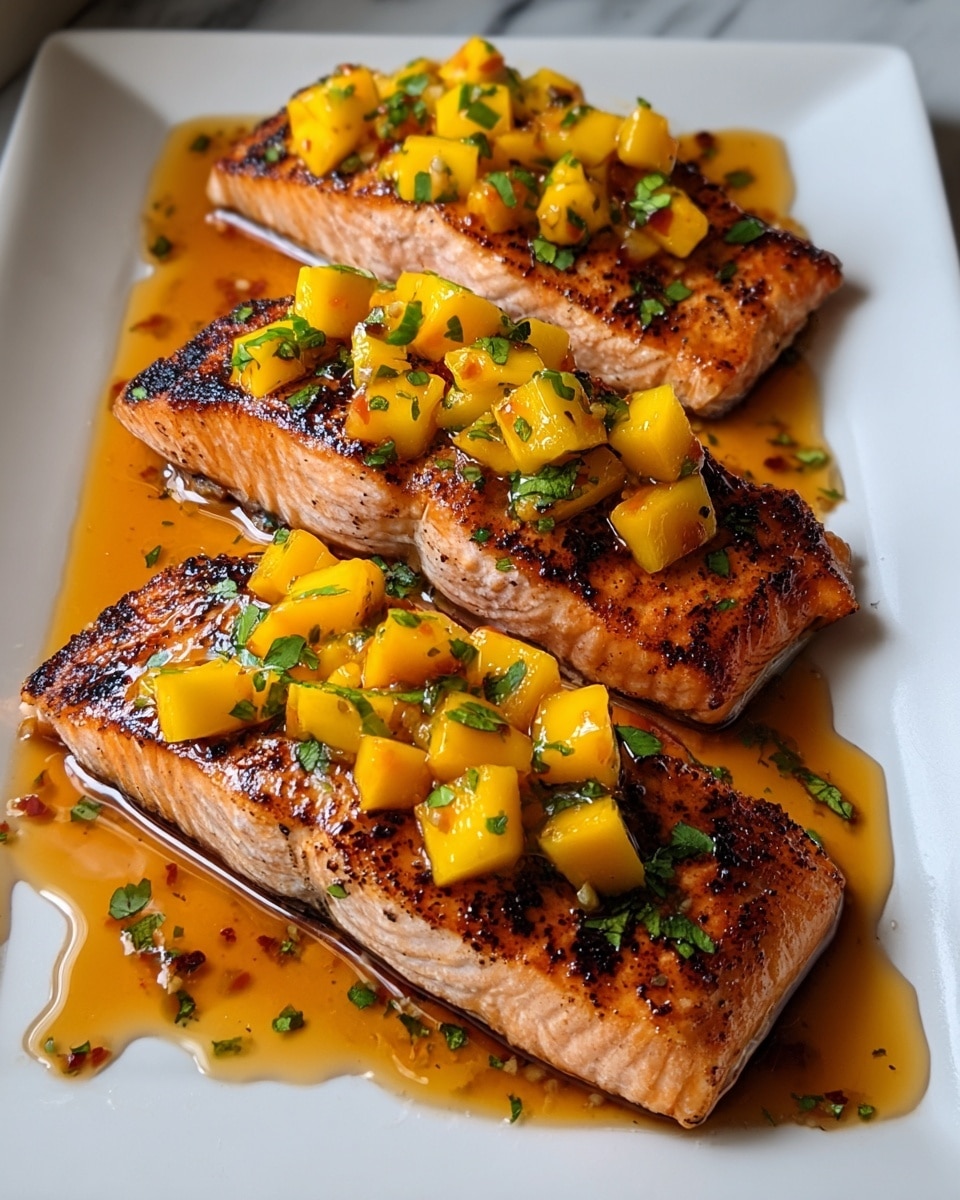 Three grilled salmon fillets with a golden-brown crust are placed side by side on a white rectangular plate. Each fillet is topped with bright yellow mango chunks and small pieces of green herbs. A shiny, amber-colored sauce pools around the salmon, reflecting light and filling the plate bottoms. The surface under the plate is a white marbled texture, adding a clean and bright look to the presentation. photo taken with an iphone --ar 4:5 --v 7