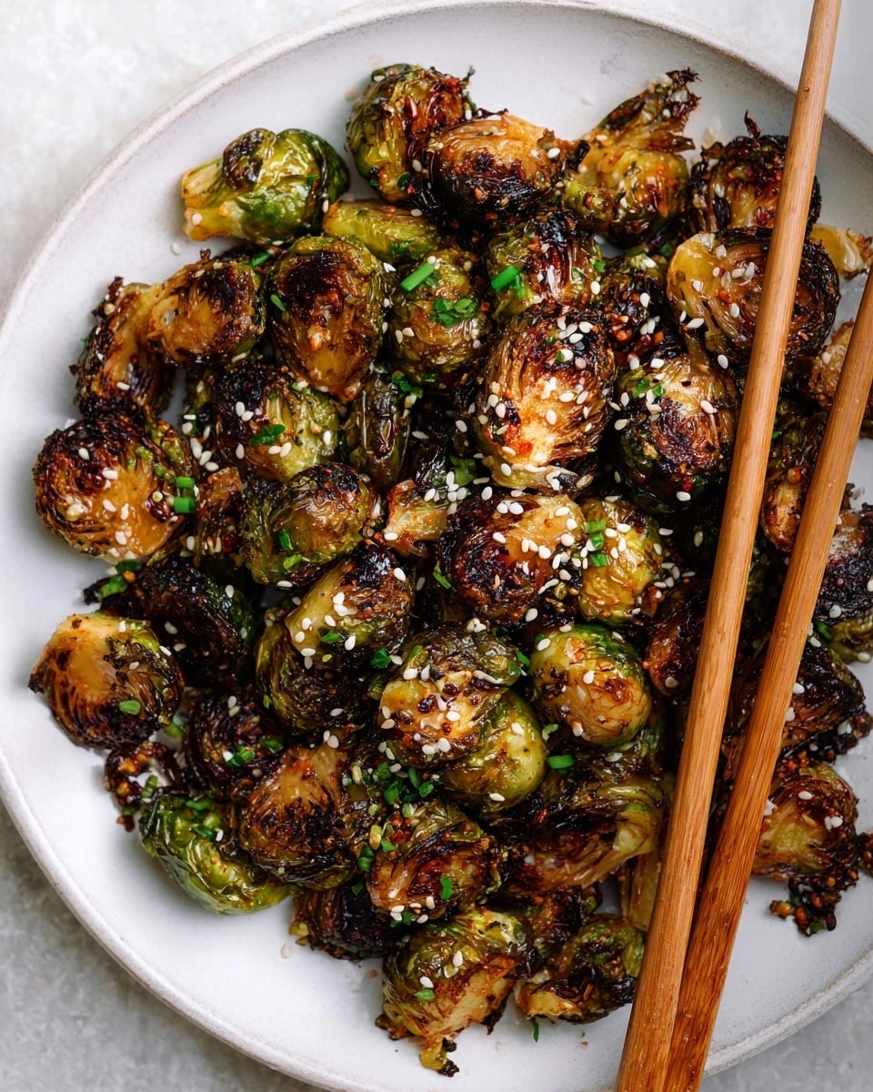 The image shows a white plate full of roasted Brussels sprouts that are caramelized with a mix of dark brown and golden colors. The Brussels sprouts are halved, showcasing their crispy and slightly charred outer leaves with tender, softer inner layers. They are sprinkled with white sesame seeds and small pieces of fresh green herbs, adding a fresh contrast to the rich tones. A pair of wooden chopsticks rests on the plate, partially under some sprouts, suggesting they are ready to eat. The plate is placed on a white marbled surface. photo taken with an iphone --ar 4:5 --v 7