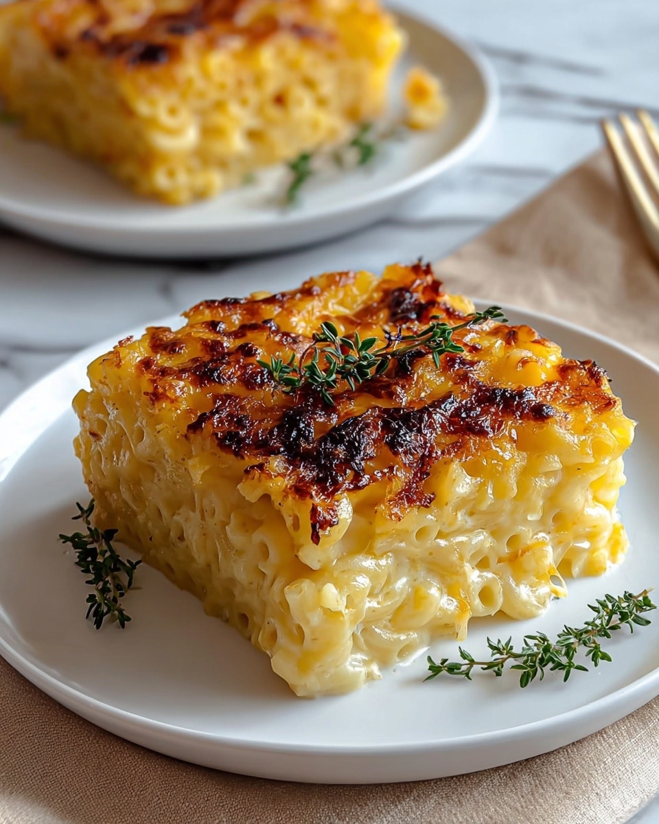The image shows a square portion of baked macaroni and cheese on a white plate, sitting on a white marbled surface. The dish has two main layers: the bottom layer is creamy and pale yellow with visible macaroni noodles packed tightly, and the top layer is a golden brown crust with some darker caramelized spots, giving it a crispy texture. A small sprig of fresh green thyme is placed diagonally on top of the cheesy crust. In the background, there is another serving of the same dish on a white plate with a beige cloth and a fork partially visible. Photo taken with an iphone --ar 4:5 --v 7