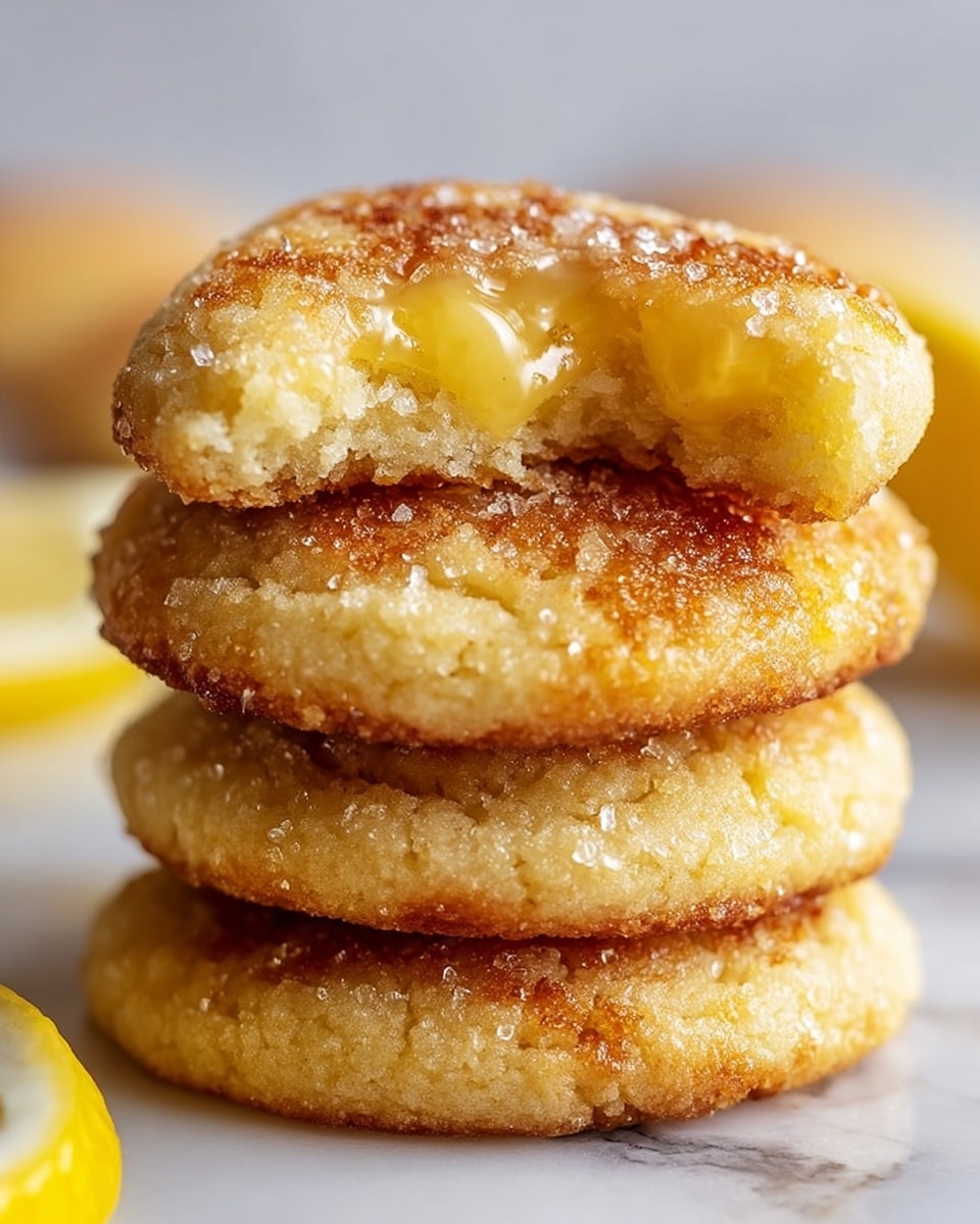 A stack of four round lemon cookies with a golden brown caramelized sugar crust on top, the top two cookies each have a bite taken out showing a soft, melting lemon filling inside. The cookies have a light yellow, crumbly texture on the sides and bottom, with a slightly crispy edge. The stack is placed on a white marbled surface with a slice of lemon partially visible to the side. The lighting highlights the shiny, gooey filling and the sugary crust on the top. photo taken with an iphone --ar 4:5 --v 7