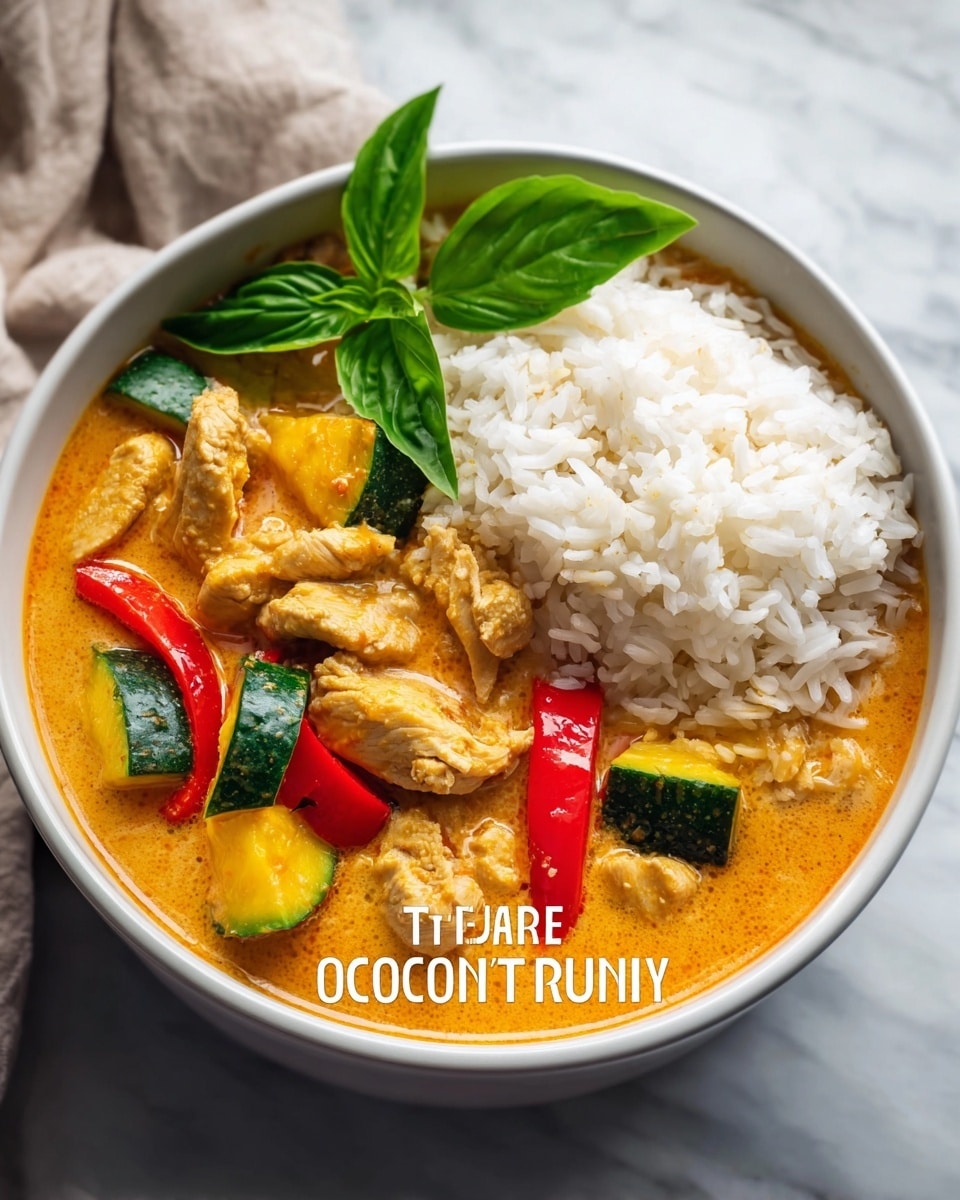 A white bowl filled with a creamy light orange Thai coconut curry, containing chunks of light brown chicken, slices of red and green bell peppers, and yellow squash pieces. On one side of the bowl, there is a mound of fluffy white jasmine rice. On top of the curry, there is a bright green fresh basil leaf garnish. The bowl is set on a white marbled surface with soft natural light highlighting the textures and colors of the dish. Photo taken with an iphone --ar 4:5 --v 7