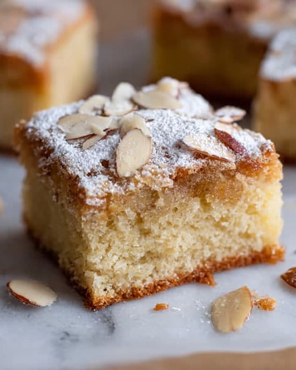 A small square piece of layered pastry sits on brown parchment on a white marbled surface, with a bite taken from one corner showing its soft, crumbly texture inside. The top layer is light golden brown and covered with a dusting of white powdered sugar, along with some thin, toasted almond slices scattered on top and around the pastry. The pastry has a rough, slightly cracked surface with visible layers of light beige dough and a hint of creamy filling within. Crumbs and almond slices are scattered loosely nearby, enhancing the homemade feel. Photo taken with an iphone --ar 4:5 --v 7