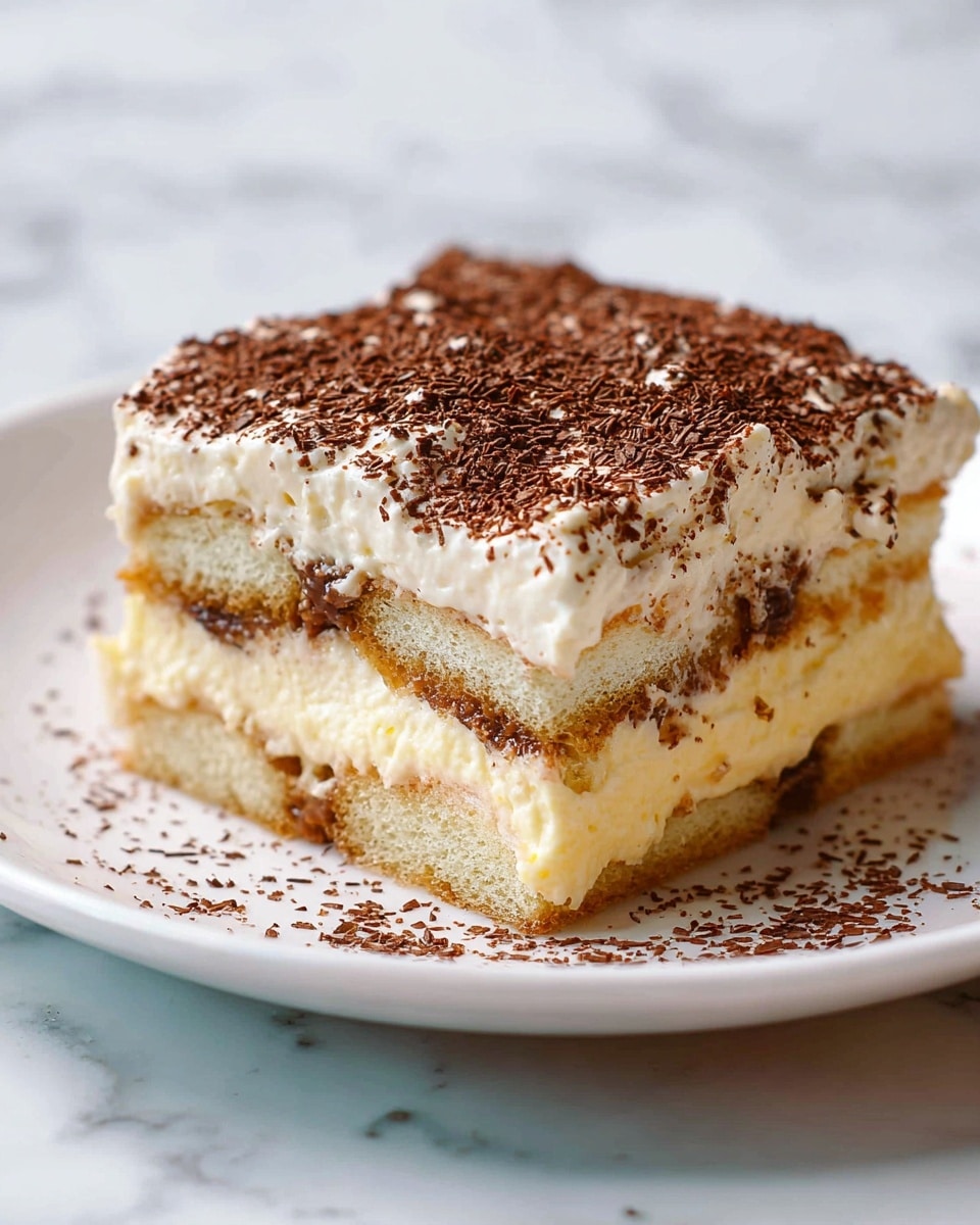 A square piece of layered dessert sits on a white plate with a white marbled surface beneath. The dessert has three visible layers: the bottom layer is a light sponge cake soaked with a moist texture, the middle layer is thick and creamy with a pale yellow color, and the top layer is a fluffy cream with a light beige tone. The top surface is sprinkled with fine, dark brown chocolate shavings that extend slightly onto the plate. The edges of the dessert show the creamy layers mixing slightly with the cake beneath, creating a soft and inviting look. photo taken with an iphone --ar 4:5 --v 7