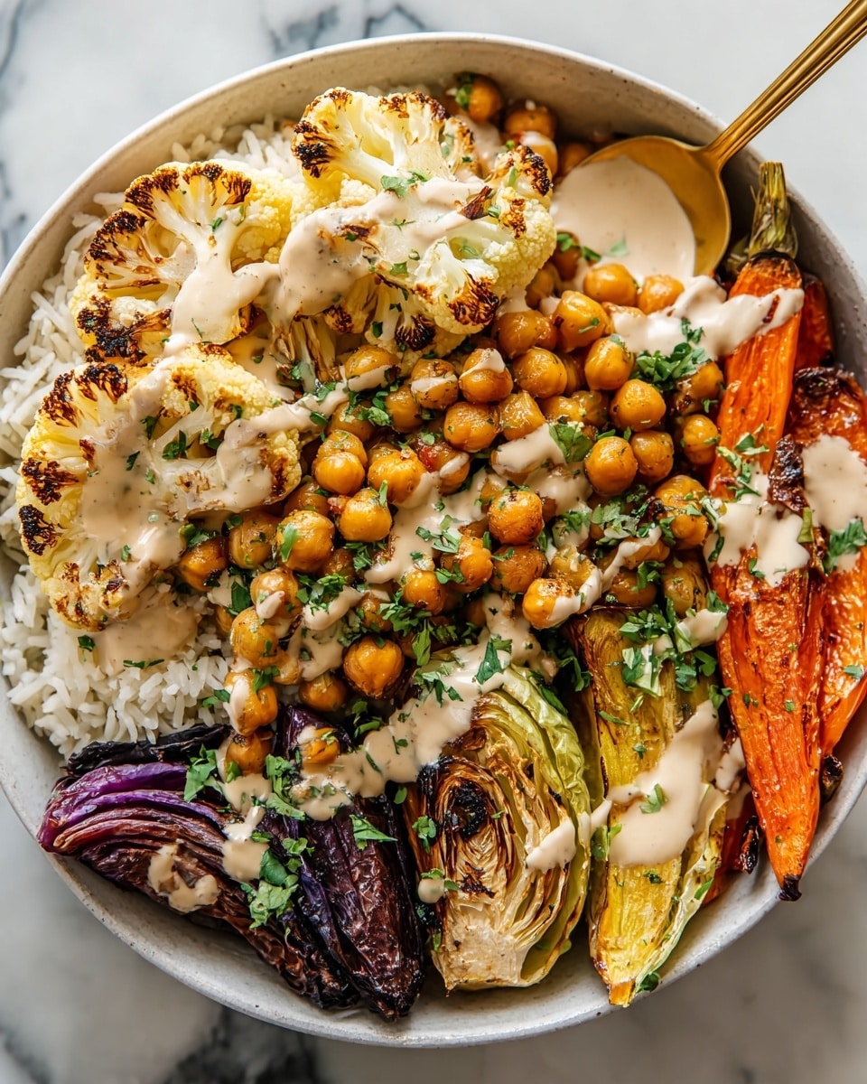 A white bowl filled with layers starting with white rice at the bottom, topped with roasted chickpeas that are golden brown and slightly crispy, and large pieces of grilled cauliflower with charred edges showing a mix of white and golden yellow colors. Around the sides lie vibrant roasted vegetables including orange carrot sticks, dark purple-red slices of grilled onion, green grilled cabbage, and a piece of bright orange squash, all slightly charred. The dish is drizzled with a creamy, light beige sauce and sprinkled with fresh green chopped herbs. The bowl sits on a white marbled surface with a gold spoon partially visible in the chickpeas layer. photo taken with an iphone --ar 4:5 --v 7