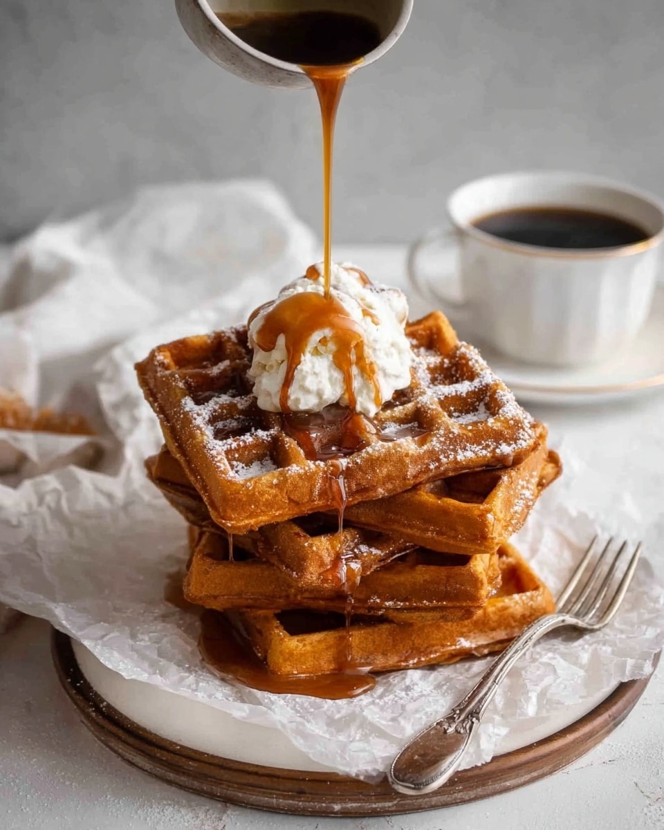 A tall stack of four golden-brown waffles sits on a piece of white parchment paper on a round white plate. The top waffle has a dollop of white cream, and caramel syrup is being poured over it, slowly dripping down the sides. The waffles have a slightly crispy texture with a light dusting of sugar. Next to the plate is a silver fork lying flat. In the background, there is a white cup filled with dark coffee on a white saucer, all placed on a white marbled textured surface. Photo taken with an iphone --ar 4:5 --v 7