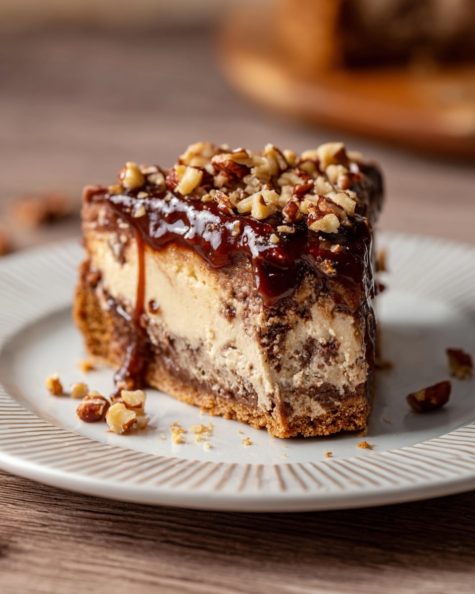 A slice of layered cheesecake sits on a white plate with soft ridged edges, resting on a wooden surface with some scattered crumbs and nut pieces. The base is a firm, golden-brown crust. Above the crust is a thick layer of creamy, light beige cheesecake mixed with chunks of nuts visibly embedded in the filling, adding texture. The top layer is glossy, dark brown caramel sauce generously poured over the cheesecake, with a scattering of chopped pecans adding crunch and detail. The background consists of a blurred warm light brown tone. Photo taken with an iphone --ar 4:5 --v 7