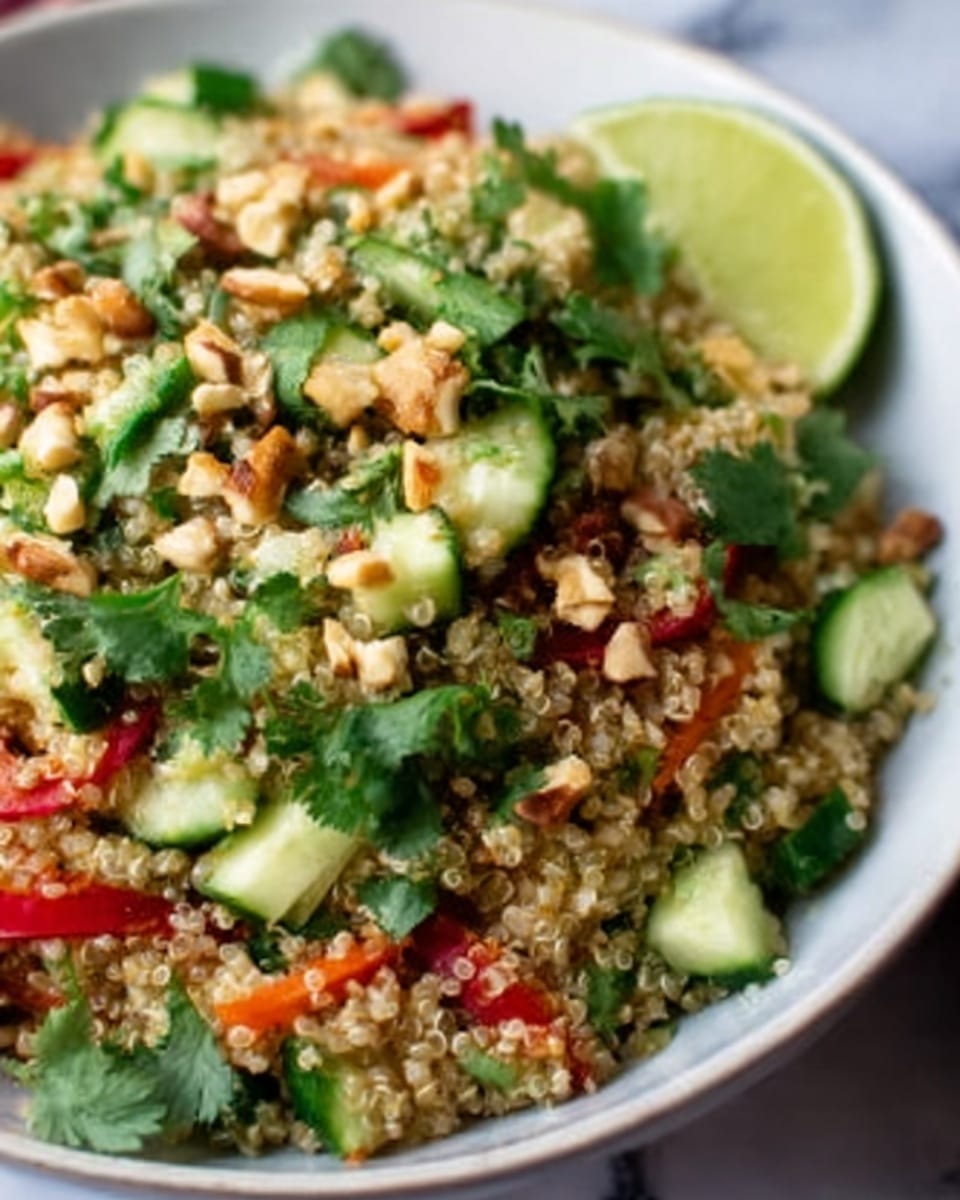 A close-up view of a bowl filled with a colorful quinoa salad, showing several layers: a base layer of cooked quinoa with a light beige color and fluffy texture, topped with chopped red bell peppers adding bright red pieces, mixed in with crunchy cucumber chunks in green and pale green shades, scattered with chopped fresh cilantro leaves for a vibrant green touch, and sprinkled with crushed nuts that bring a light brown color and rough texture. The bowl is white and the background is a white marbled surface, photo taken with an iphone --ar 4:5 --v 7