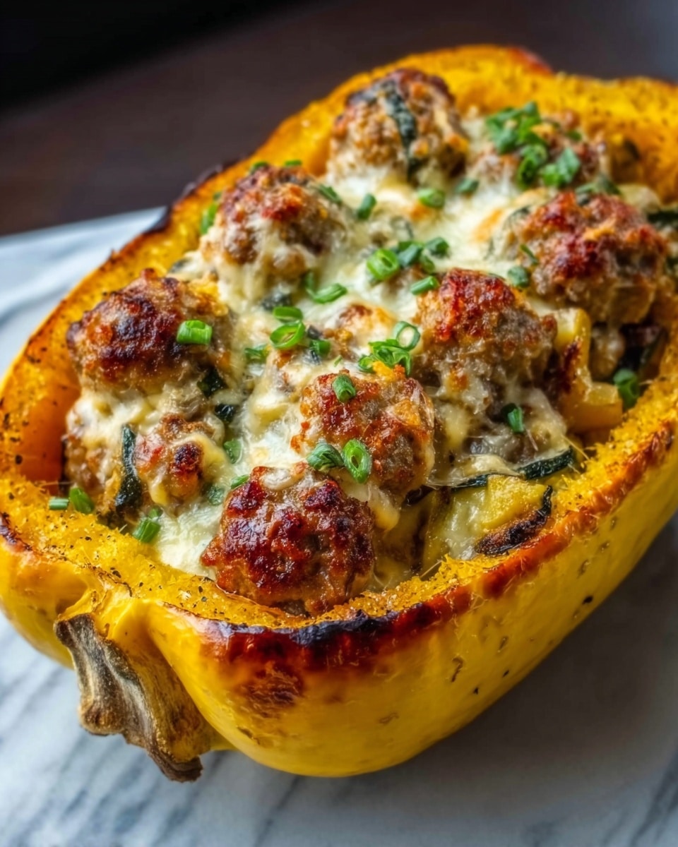 The image shows a roasted butternut squash cut in half lengthwise, filled with three visible layers of ingredients. The bottom layer is the deep orange color of the cooked butternut squash flesh. The middle layer includes a mix of browned sausage pieces and cauliflower florets, both showing a golden-brown roasted texture. The top layer is melted cheese with a light golden brown crust, sprinkled with small green herbs. The butternut squash is placed on a black tray against a white marbled surface. Photo taken with an iphone --ar 4:5 --v 7