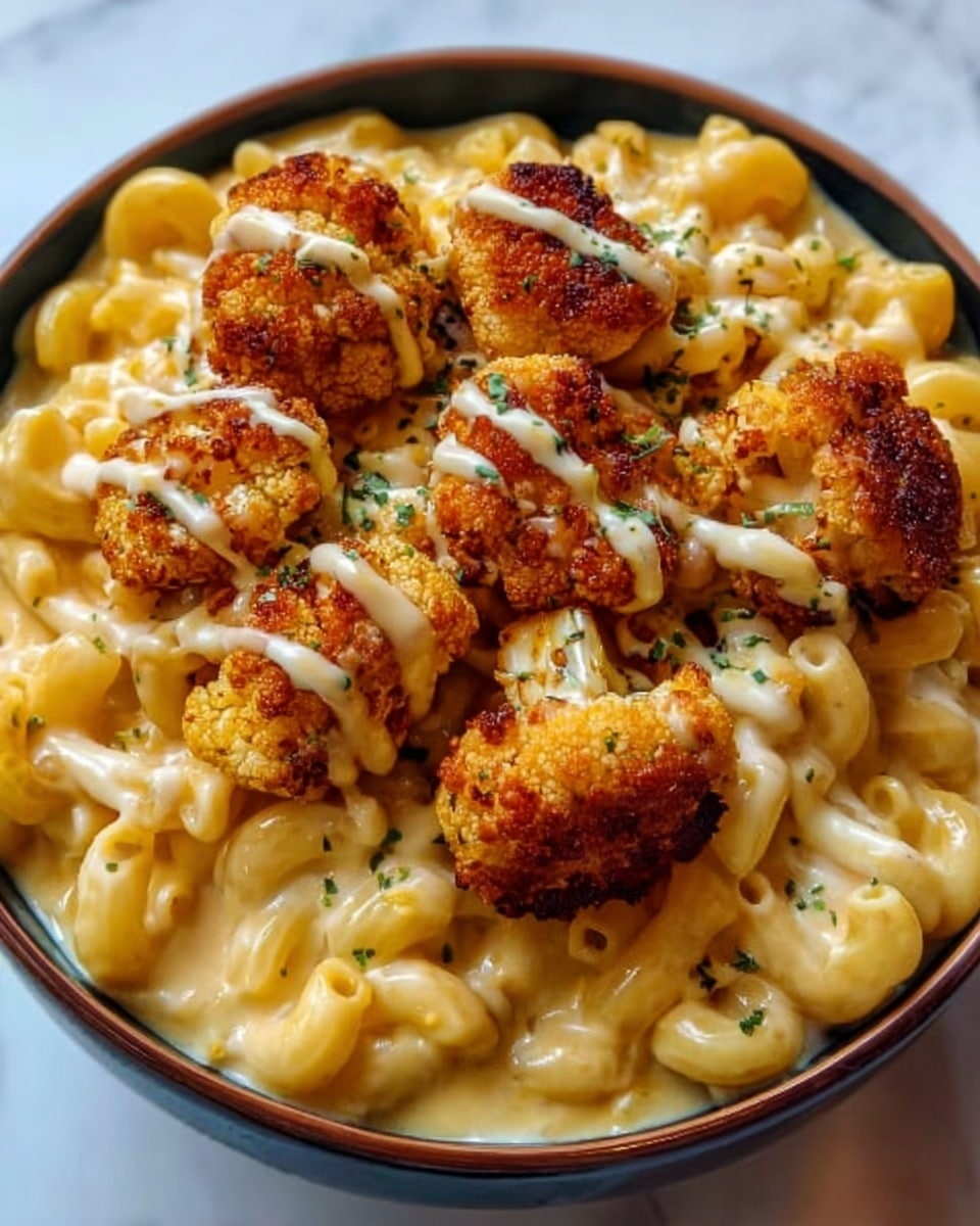 A white bowl filled with creamy yellow macaroni and cheese, topped with several golden-brown roasted cauliflower pieces. Each cauliflower piece is round and crispy, covered with a light drizzle of a pale sauce and small green herb sprinkles. The macaroni underneath looks soft and cheesy, with a smooth, shiny texture. The bowl is placed on a white marbled surface. Photo taken with an iphone --ar 4:5 --v 7