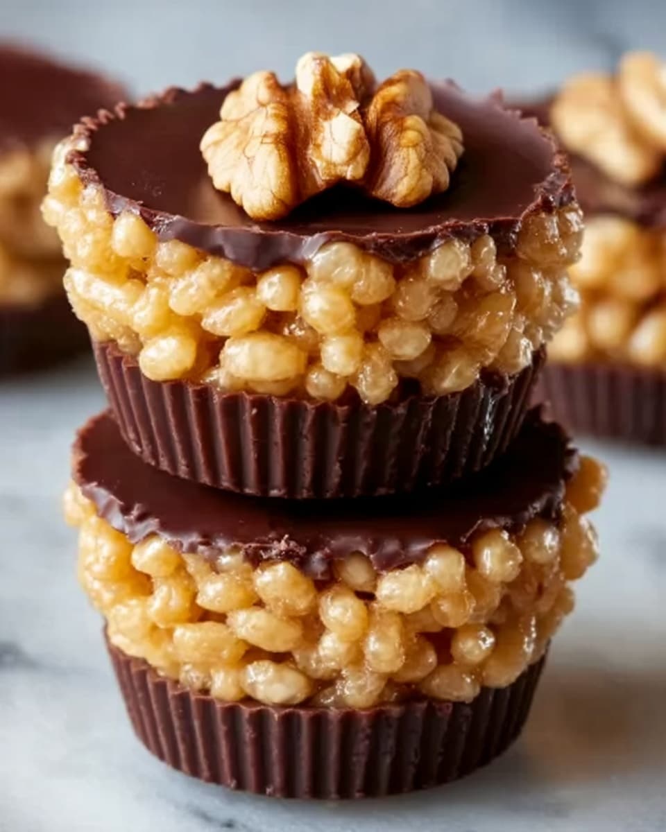 The image shows two stacked chocolate cups filled with a crispy puffed rice mixture. The bottom layer is a smooth, dark brown chocolate cup. Above this is a thick layer of golden, glossy puffed rice that looks crunchy. The top is covered with a shiny, dark chocolate layer that drips slightly over the edges, topped with a single walnut piece. The background is a white marbled surface, creating a clean and bright contrast. Photo taken with an iphone --ar 4:5 --v 7