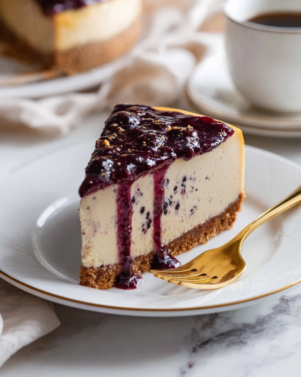 A slice of cheesecake with three layers: the bottom layer is a thin, crumbly brown crust; the middle layer is thick, creamy, and light beige with small dark berry bits mixed inside; the top layer is a glossy, deep purple berry sauce that drips down one side onto the white plate. The slice sits slightly off-center on the white plate with a gold rim, next to a gold fork. The background is a white marbled surface with parts of a white cup and light beige cloth visible. photo taken with an iphone --ar 4:5 --v 7