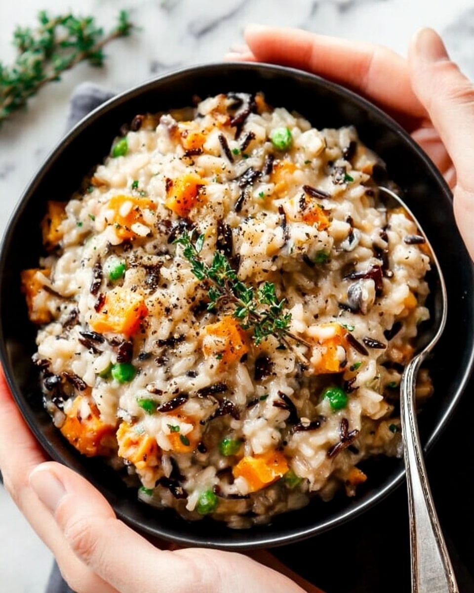 A close-up of a black bowl filled with creamy risotto that has visible chunks of orange sweet potatoes, green peas, and dark brown wild rice mixed throughout. The dish is topped with fresh green thyme sprigs and a light sprinkle of black pepper. A woman's hands hold the bowl gently from the sides, and a silver spoon is stuck into the risotto near the top right of the bowl. The background is a white marbled texture. photo taken with an iphone --ar 4:5 --v 7