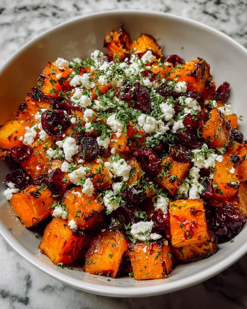 The dish shows a bowl filled with three main layers: the first layer has bright orange roasted butternut squash cubes with slight char marks, giving a crispy texture. On top of this, there are scattered dark red dried cranberries adding a chewy contrast. The top layer is sprinkled with white, crumbly feta cheese and finely chopped green herbs, creating a fresh look. The bowl is white and sits on a white marbled surface. photo taken with an iphone --ar 4:5 --v 7