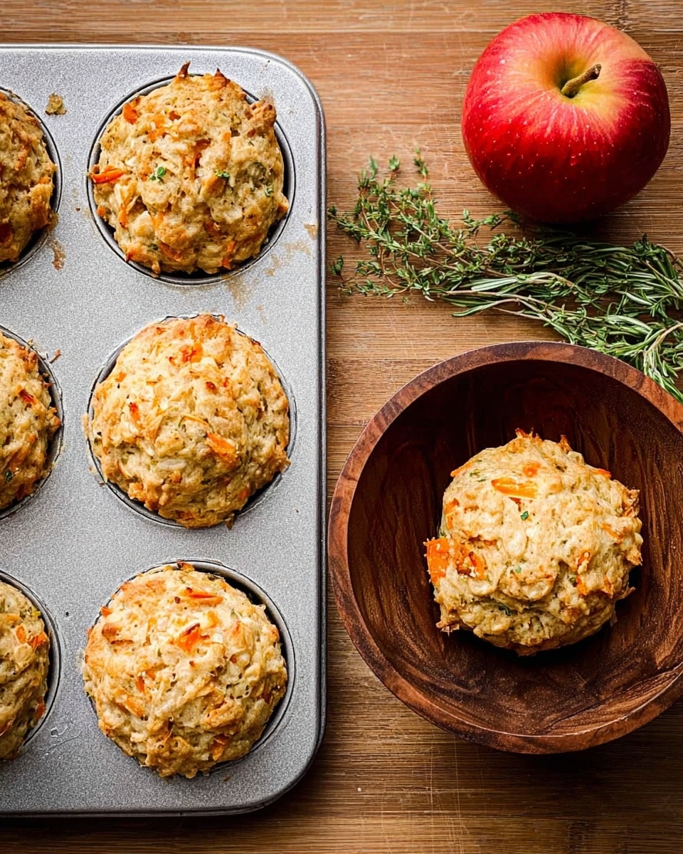 The image shows six rough-textured muffins with a light golden-brown color and small orange and beige chunks inside, sitting in a silver muffin tin on a white marbled surface. To the right, one muffin is placed on a round wooden plate with a small green herb sprig beside it. Below the plate, there is a red and yellow apple and another small green herb sprig on the white marbled surface. The muffins look soft and slightly crumbly with uneven tops. photo taken with an iphone --ar 4:5 --v 7