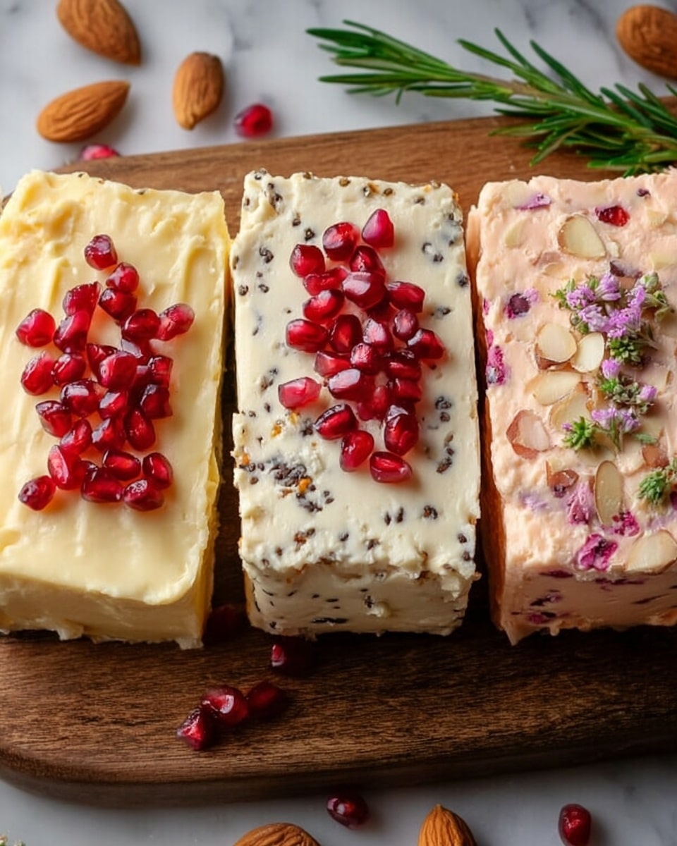 Three rectangular blocks of soft spread are placed side by side on a wooden board against a white marbled surface. The left block is pale yellow with a smooth, creamy texture, topped with scattered bright red pomegranate seeds. The middle block is light cream with small black specks spread throughout, also topped with red pomegranate seeds that add pops of color. The right block is a light pinkish-orange with a rougher texture, dotted with small bright purple bits inside and sprinkled with chopped green herbs on top. Some almonds, rosemary sprigs, and loose pomegranate seeds are around the board, giving a fresh look. Photo taken with an iphone --ar 4:5 --v 7