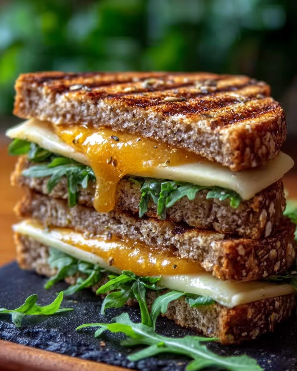 A close-up of a sandwich cut in half and stacked, showing three layers of thick, toasted multigrain bread with visible seeds and grill marks on the top layer. Between the bread layers, there is melted yellow cheddar cheese oozing out and creamy white cheese beneath it. There is also a layer of fresh green leafy arugula at the bottom. The sandwich sits on a dark textured board with a few arugula leaves scattered around. The background is softly blurred with green hues. photo taken with an iphone --ar 4:5 --v 7