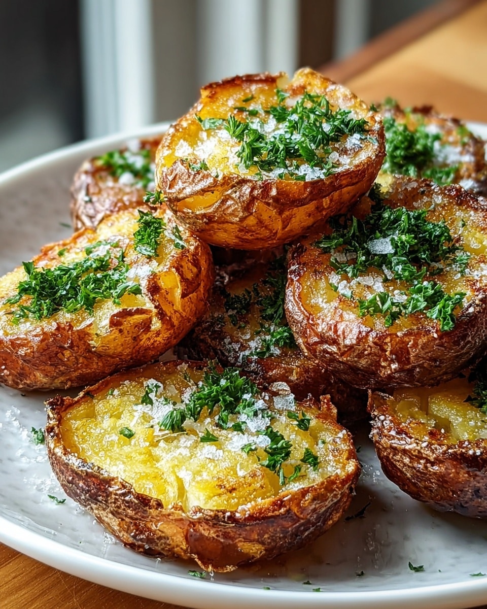 The image shows a close-up of several crispy roasted potato halves stacked on a white plate. Each potato half has a golden-brown and crunchy outer skin, with a soft, yellow inside. They are topped with bright green chopped parsley and sprinkled with coarse white salt, adding texture and color contrast. The potatoes are arranged casually, with some pieces overlapping, showing their rough, crispy edges and moist centers. The photo is taken on a white marbled surface with natural light coming from a window, highlighting the textures and colors vividly. photo taken with an iphone --ar 4:5 --v 7