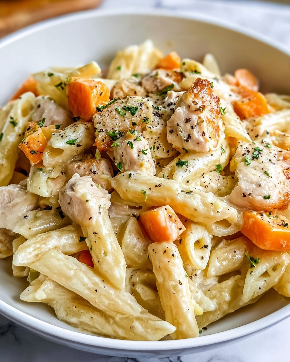 A close-up view of a white bowl filled with creamy pasta, showing three main layers: the base of light yellow rigatoni pasta coated in a smooth white sauce, chunks of cooked chicken breast scattered evenly throughout, and small orange carrot cubes mixed in. The surface is topped with bright green chopped herbs and a sprinkle of black pepper, giving it a fresh and slightly textured look. The creamy sauce clings to the pasta and chicken pieces, making the dish look rich and warm. The bowl sits on a white marbled surface. photo taken with an iphone --ar 4:5 --v 7