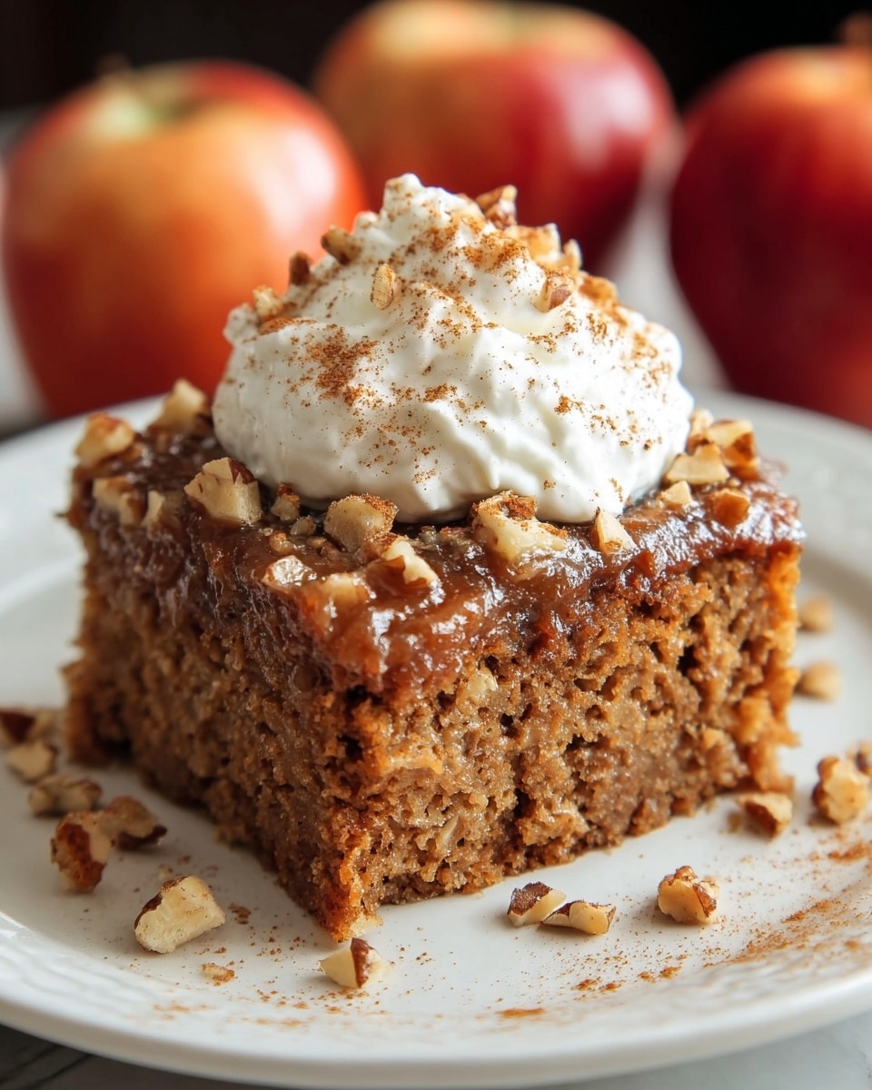 A square piece of moist brown cake with a crumbly texture sits on a white plate. The top layer is covered with chopped nuts and a sticky glaze. On top, there is a dollop of white whipped cream sprinkled with light brown cinnamon powder. In the blurred background, red apples rest on a white marbled surface. The plate is lightly dusted with cinnamon powder around the cake. photo taken with an iphone --ar 4:5 --v 7