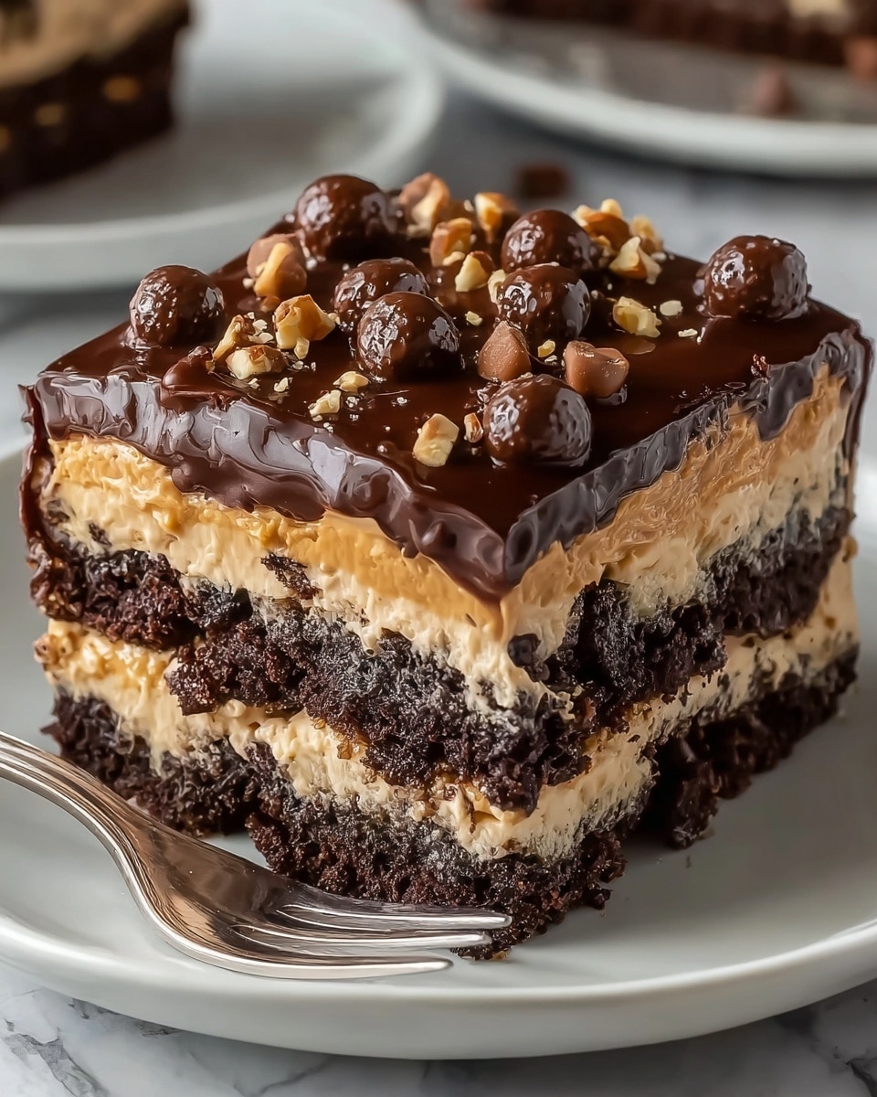 A thick square slice of dessert with three layers sits on a white plate with a silver fork beside it. The bottom and middle layers are dark brown, crumbly cake pieces, while the second and fourth layers are smooth, light brown creamy filling. On top is a thick layer of shiny dark chocolate glaze with small round chocolate candies and tiny chopped nuts scattered over it. The chocolate glaze slightly drips over the edges, showing a mix of chocolate and creamy filling. The plate is on a white marbled surface. photo taken with an iphone --ar 4:5 --v 7