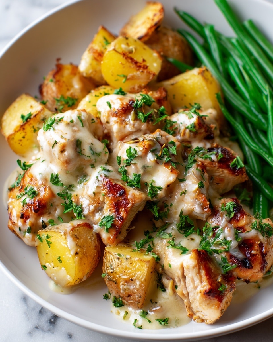 A white plate on a white marbled texture holds a dish with three main layers: the bottom layer has bright yellow roasted potato chunks with browned edges, the middle layer consists of small browned chicken pieces covered in melted white cheese, and the top layer is sprinkled with chopped green herbs. On one side of the plate, a small pile of fresh green beans adds a crisp, green contrast to the dish. photo taken with an iphone --ar 4:5 --v 7