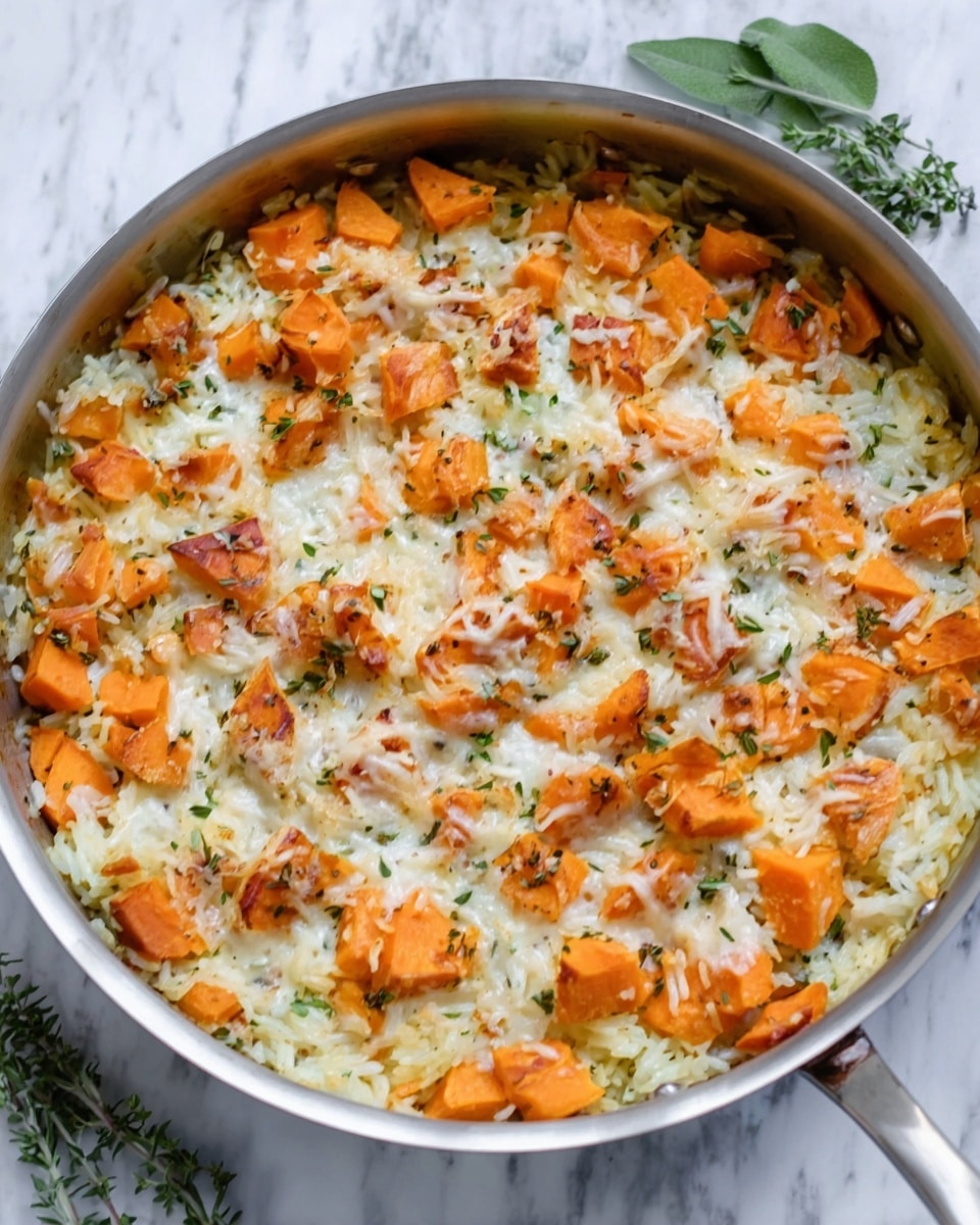 The image shows a round silver pan filled with a creamy rice dish layered with cooked orange sweet potato chunks evenly spread across, mixed with white rice grains and topped with melted cheese and green herbs scattered on top. The pan is placed on a white marbled surface with fresh herbs and green leaves nearby, and a woman's hand holds the pan handle slightly visible at the bottom right. The dish looks warm and cheesy with a mix of soft textures and a colorful, inviting appearance. photo taken with an iphone --ar 4:5 --v 7